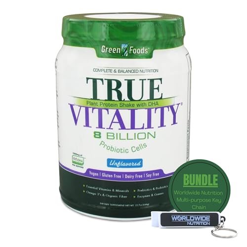 Green Foods True Vitality Plant Protein Shake with DHA Unflavored - 25.2 oz Protein Powder Gluten Free Breakfast Shake Powder and Multi-Purpose Key Chain