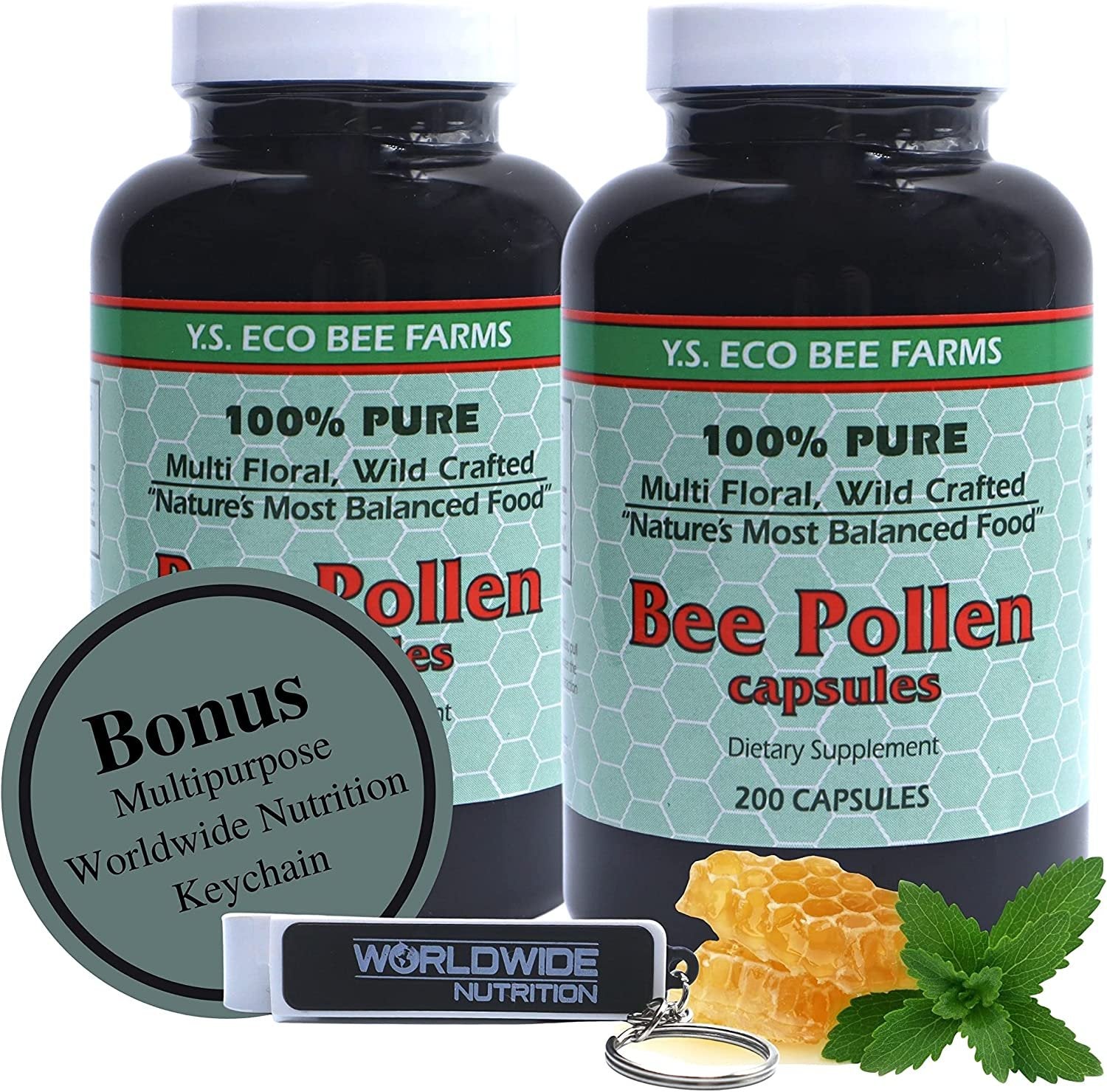 Y.S. Eco Bee Farms 100% Pure, Wild Crafted Bee Pollen Capsules - Organic Bee Pollen Vitamin Supplements Amino Acids, Organic Protein, Vitamin C, Vitamin B12 Gluten Free 2pk of 200ct w Bonus Key Chain