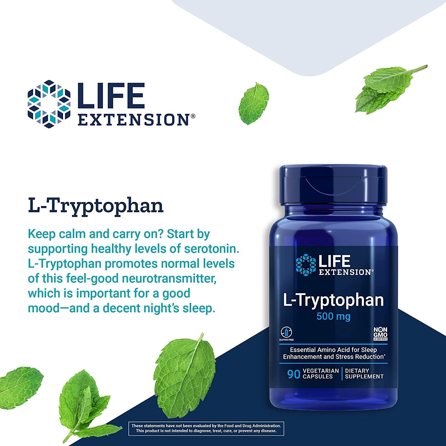 Life Extension L-Tryptophan 500 mg – L-Tryptophan Supplement Pills for Healthy Sleep and Stress Response Support – Gluten-Free, Non-GMO, Vegetarian – 90 Capsules