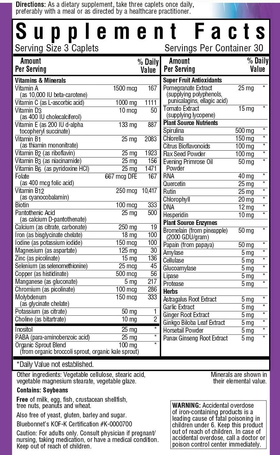 Bluebonnet Nutrition Super Earth* MultiNutrient Formula (with Iron), for Daily Nutritional Support*, Gluten-Free, Kosher Certified, Dairy Free, Vegetarian Friendly, 90 Caplets, 30 Servings