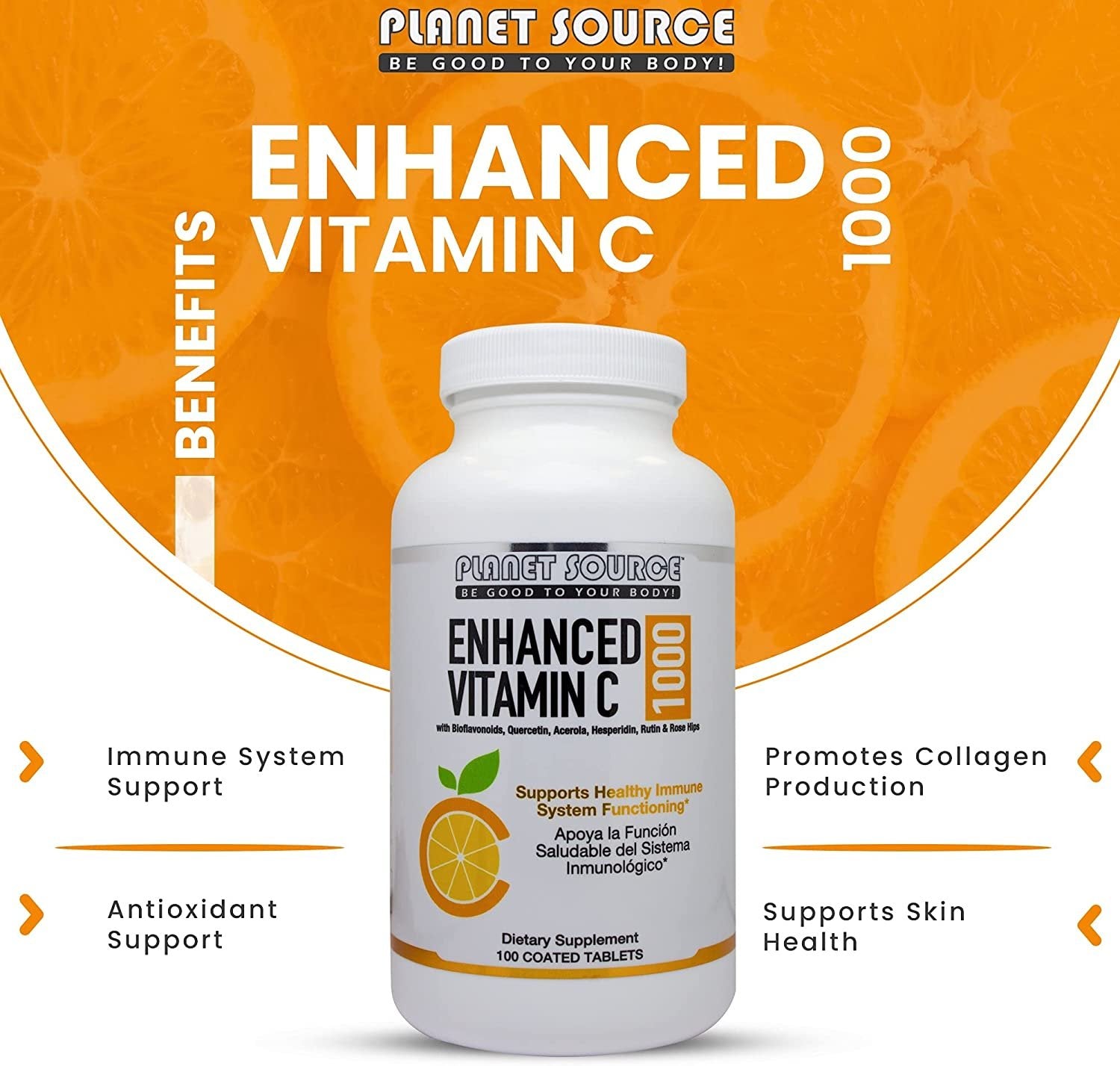 Enhanced Vitamin C 1000 mg -100 Coated Tablets - Natural, Acerola, Citrus Bioflavonoids, Rose Hips, Rutin, Quercetin & Hesperidin for Increased Absorption - Advanced Immune Support - Non-GMO