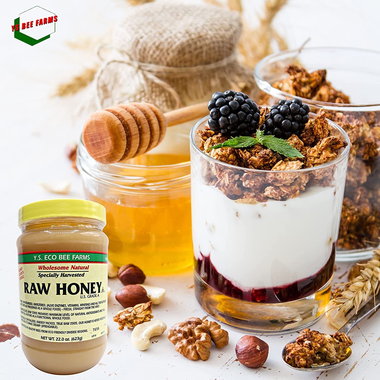 Y.S. Eco Bee Farms, Y.S. Organic Bee Farms, Wholesome Natural Raw Honey, Unpasteurized, Unfiltered, Fresh Raw State, Kosher, Pure, Natural, Healthy, Safe, Gluten Free, Specially Harvested, 22oz