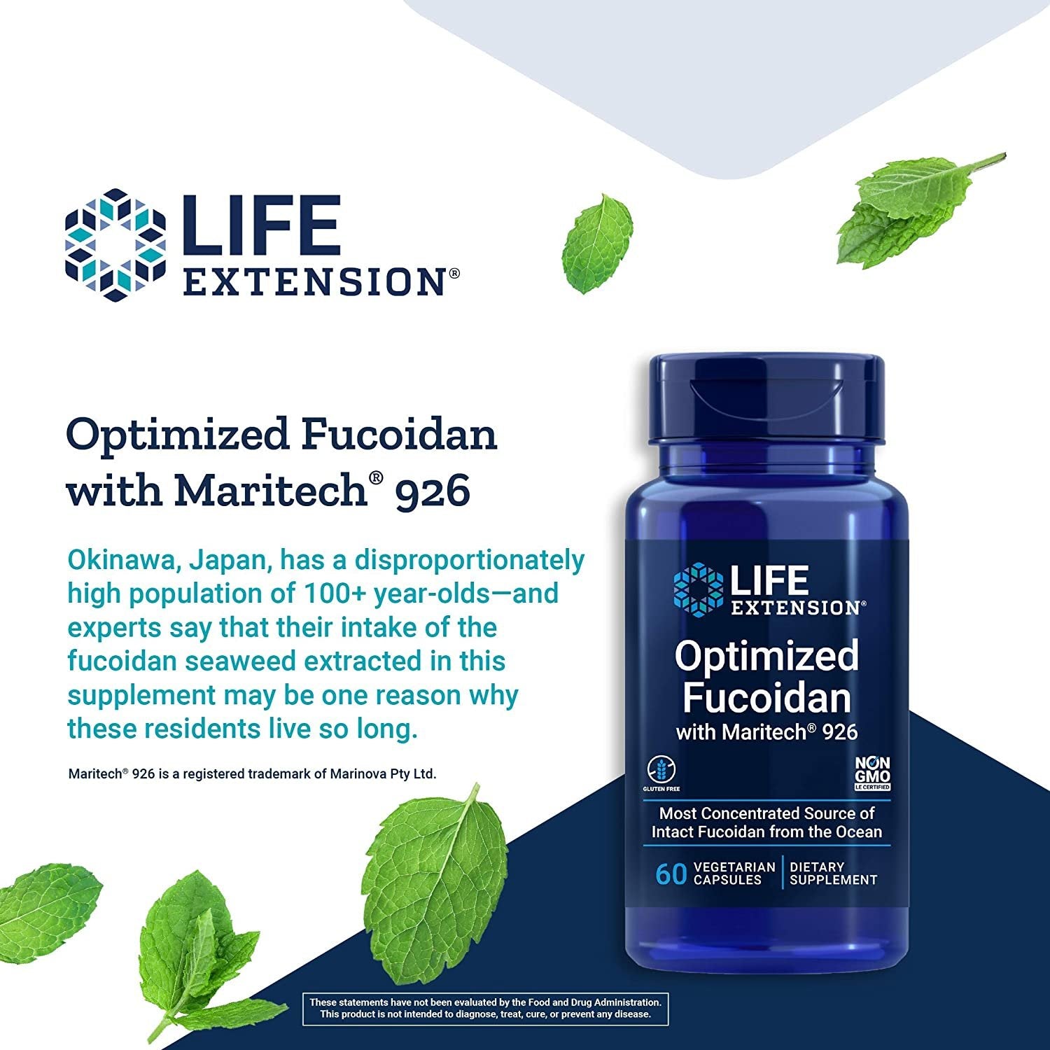Life Extension Optimized Fucoidan with Maritech 926 - Fucoidan Supplement Pills - Wild-Harvested Wakame from Ocean Extract for Immune Health Support - Non-GMO, Gluten-Free, Vegetarian - 60 Capsules
