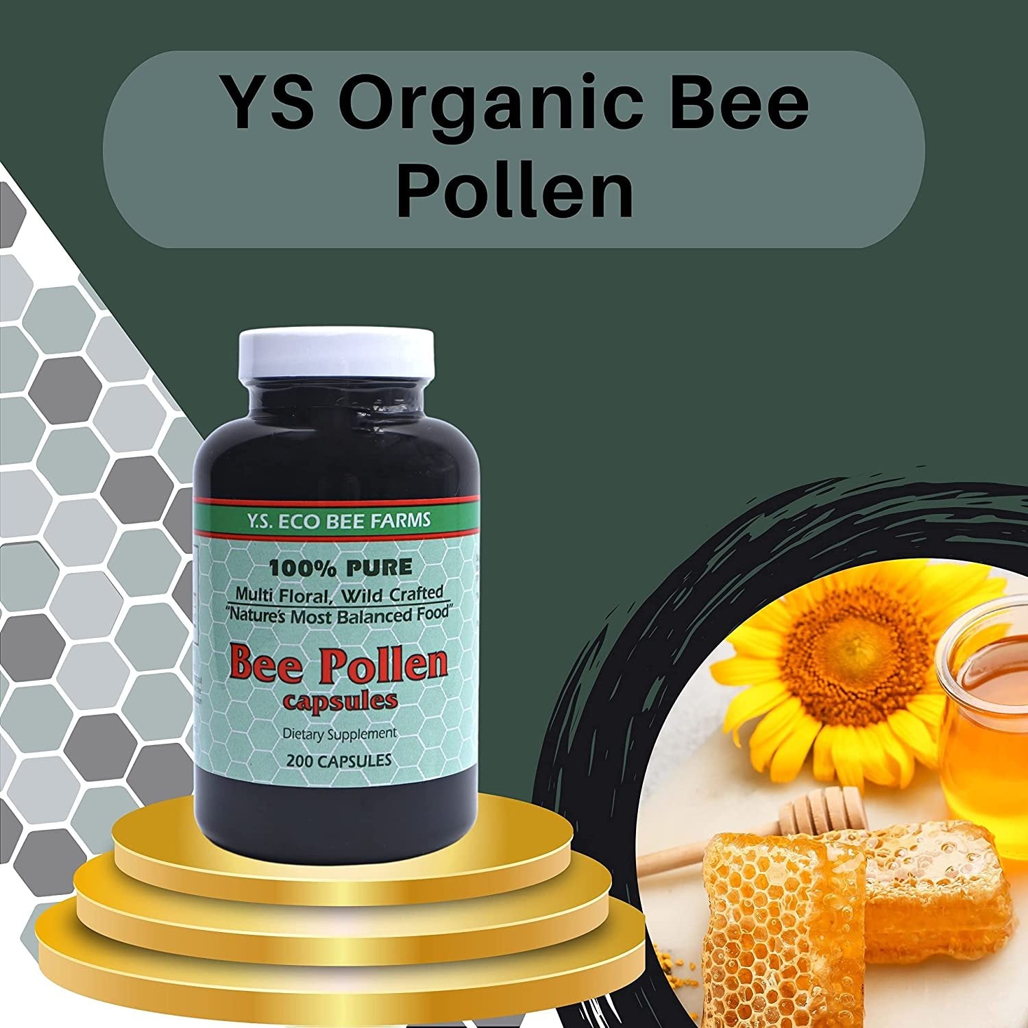 Y.S. Eco Bee Farms 100% Pure, Wild Crafted Bee Pollen Capsules - Organic Bee Pollen Vitamin Supplements Amino Acids, Organic Protein, Vitamin C, Vitamin B12 Gluten Free 2pk of 200ct w Bonus Key Chain