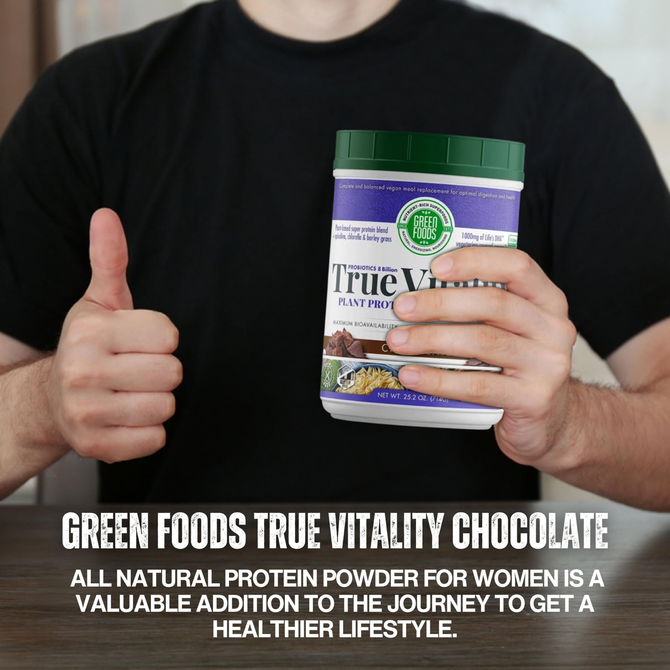 Green Foods True Vitality Plant Protein Shake with DHA Chocolate- 25.2 oz Protein Powder Gluten Free Breakfast Shake Powder and Multi-Purpose Key Chain
