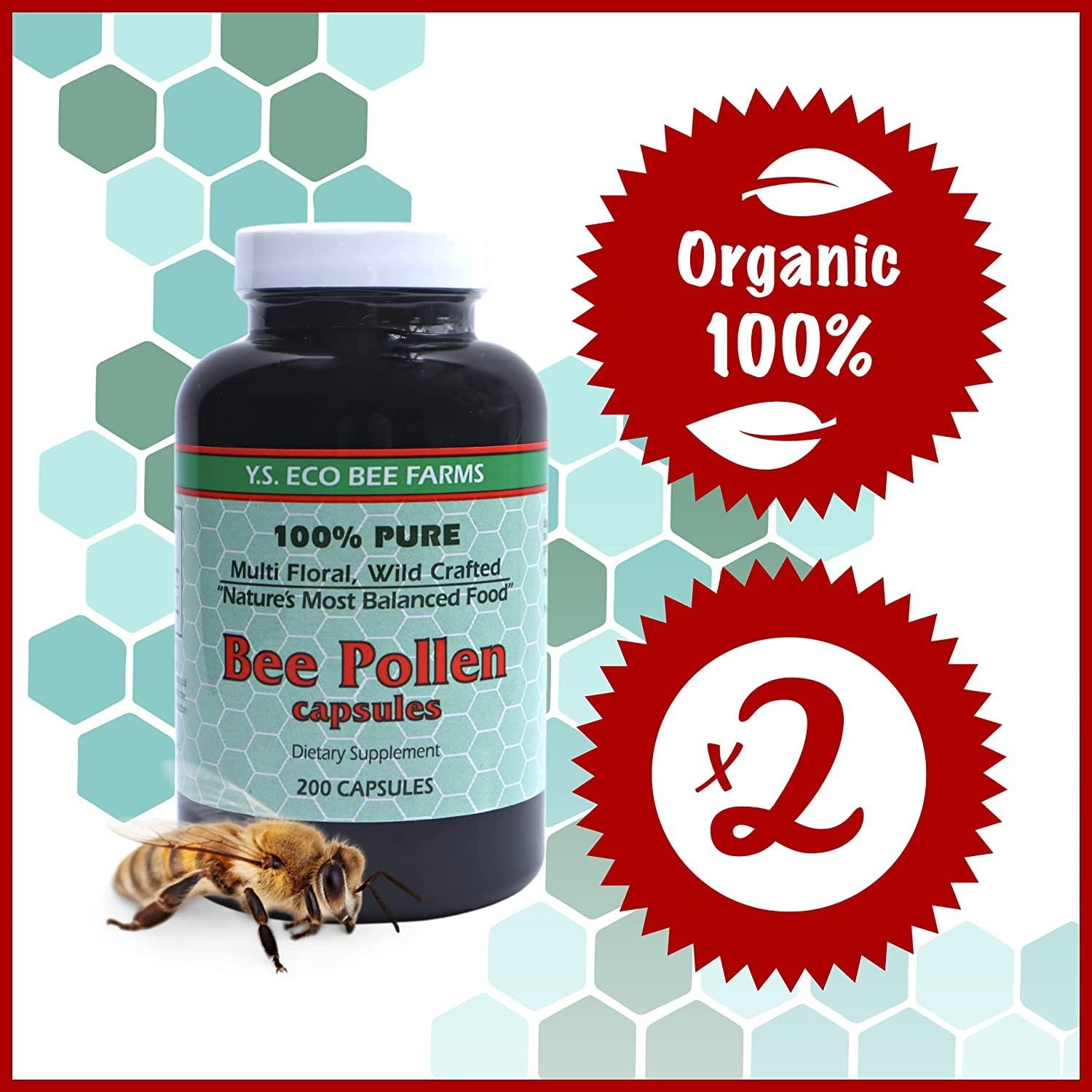 Y.S. Eco Bee Farms 100% Pure Multi Floral, Wild Crafted Bee Pollen Capsules - 2 Pack of 200 Count Bottles - Organic Bee Pollen Vitamin Supplements for Optimal Health and Wellness