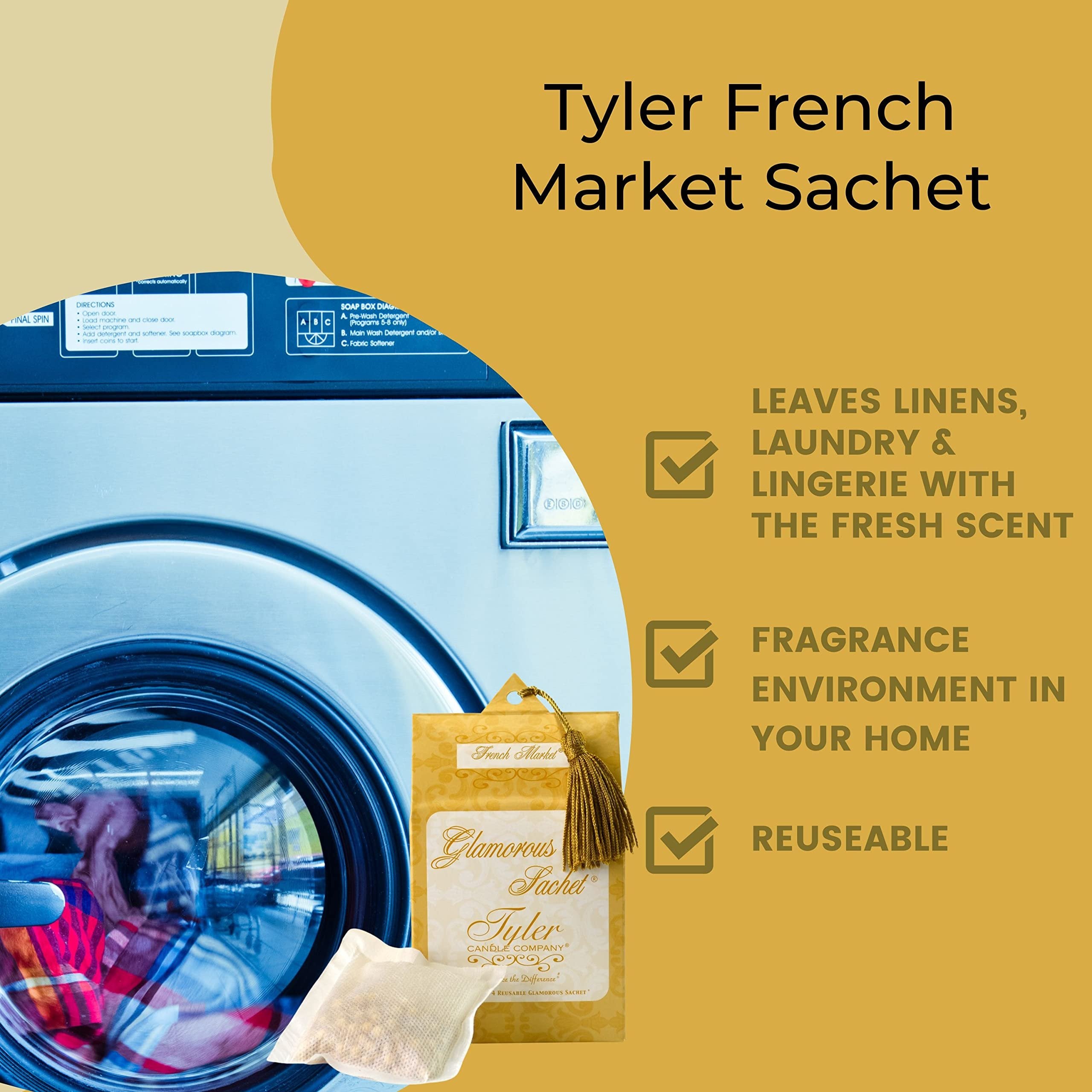 Tyler Candle Company French Market Dryer Sheet Sachets - Glamorous Reusable Dryer Sheets - Sachets for Drawers and Closets - 1 Pack, 4 Sachets, Dryer, Home, or Personal Sachet, with Bonus Key Chain