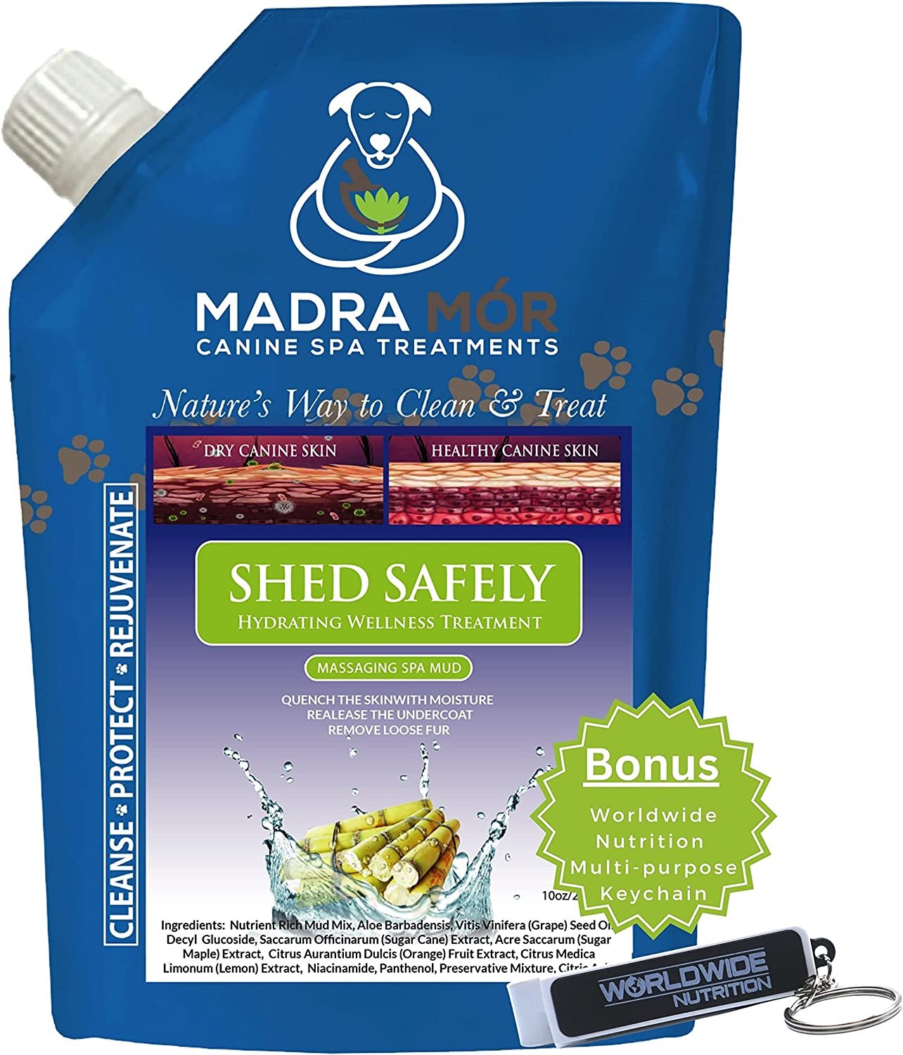 Madra Mor Shed Safely Dog Essentials Mud Bath | Dog Grooming Dog Wash | Dry Skin for Dogs Treatment | Dog Bath Spa Treatment | Dog Itch Relief | 10oz Pouch w Worldwide Nutrition Multipurpose Keychain