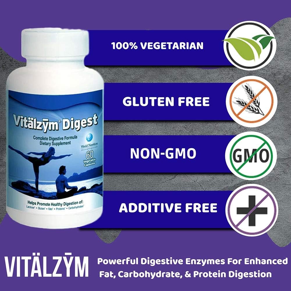 Vitalzym Digest | Powerful Digestive Enzyme Formula, Naturally Boosts Breakdown of Complex Proteins, Fats, Carbohydrates and Promotes Normal Metabolism | Increases Wellbeing & Gut Health (60 Capsules)