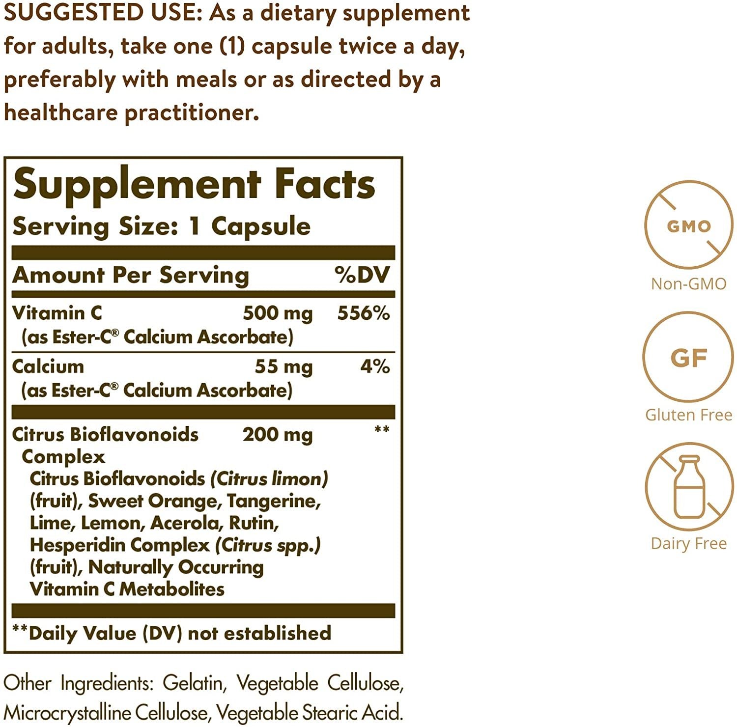 Solgar Ester-C Plus 500 mg Vitamin C with Citrus Bioflavonoids - 90 Capsules - Gentle & Non Acidic, Well Retained - 24-Hour Immune Support - Non-GMO, Gluten Free - 90 Servings
