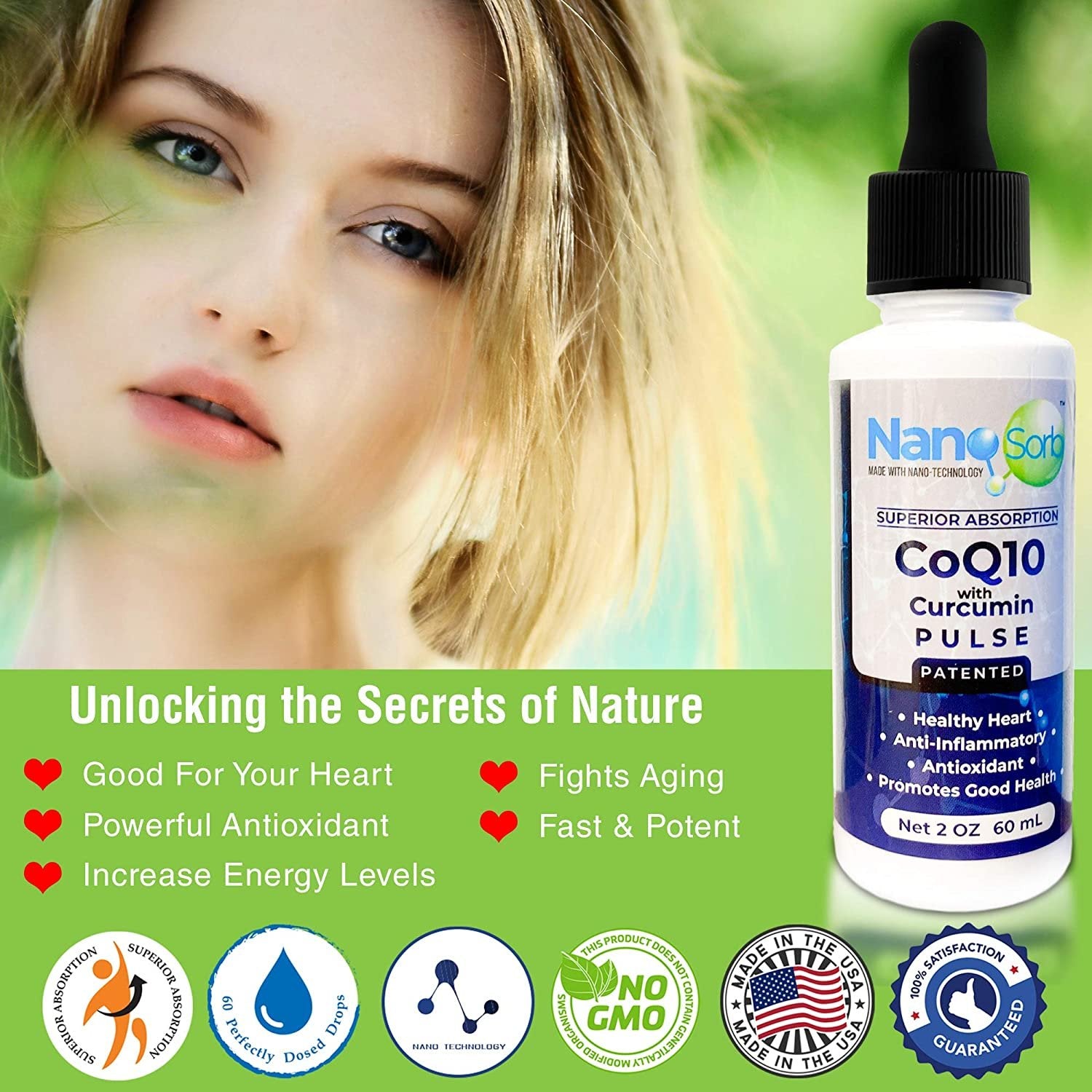 NanoCorHealth Pulse CoQ10 with Curcumin Supplement - Support Heart Health, Cardiovascular Wellness with Liquid Coenzyme Q10 - Sublingual Energy Booster Antioxidant Complex with L-Carnitine - 2oz, 60ml