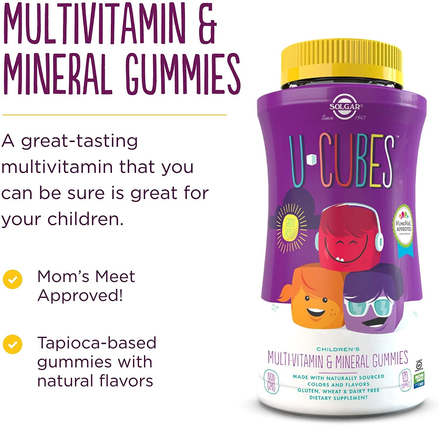 Solgar U-Cubes Children's Multi-Vitamin & Minerals , 120 Gummies - 3 Great-Tasting Flavors , Grape , Orange & Cherry - Ages 2 & Up - Non GMO , Gluten Free , Dairy Free - 60 Servings