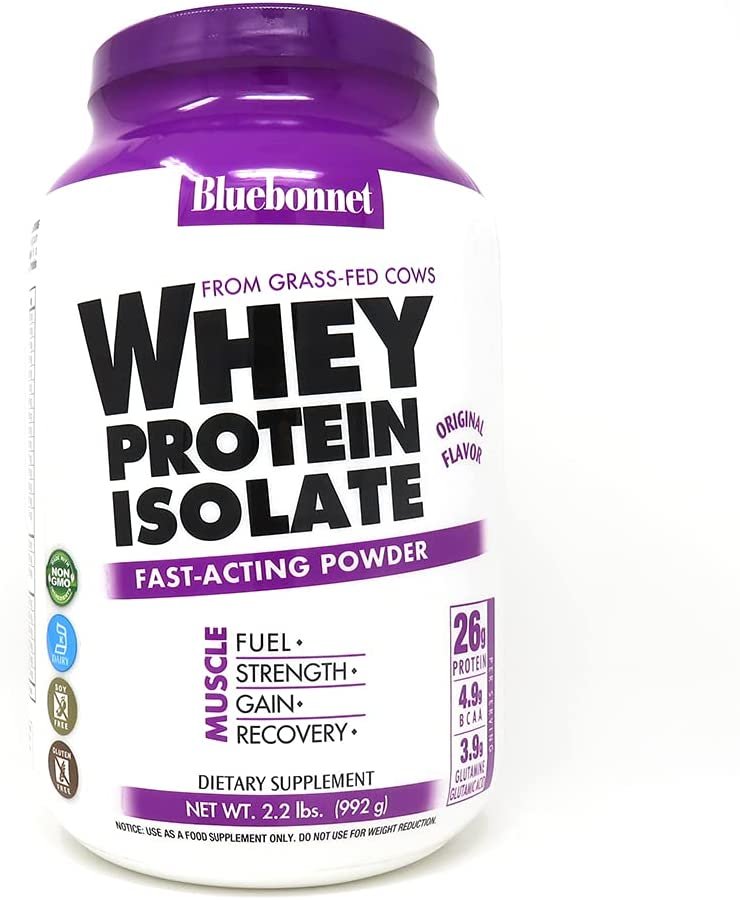 Bluebonnet Nutrition Whey Protein Isolate Powder, Whey from Grass Fed Cows, 26 Grams of Protein, No Sugar Added, Non GMO, Gluten Free, Soy Free, Kosher Dairy, 2.2 lbs, 32 Servings, Original Unflavored