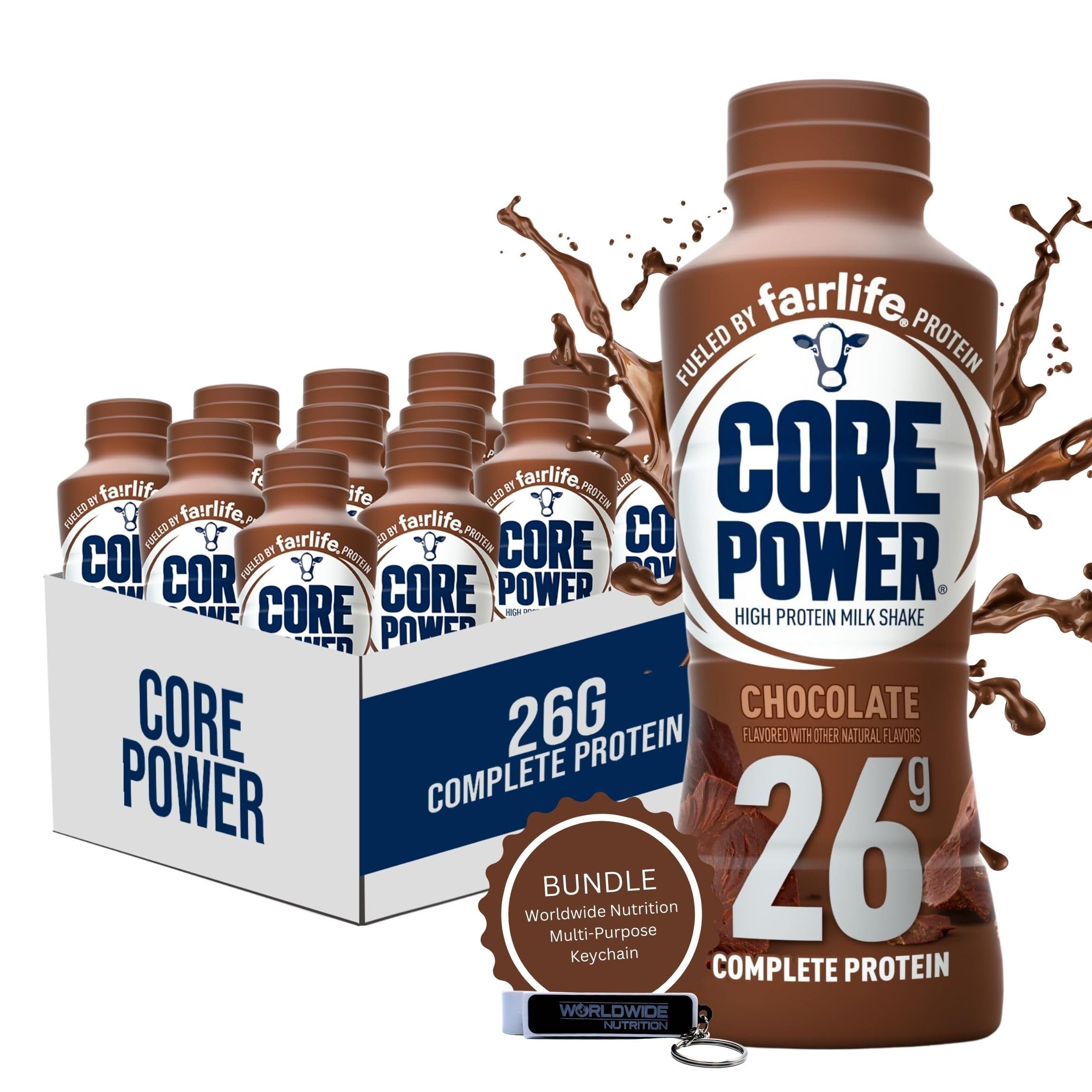 Core Power Fairlife 26g Protein Milk Shakes - Ready To Drink for Workout Recovery - Chocolate Flavor, 14 Fl Oz (Pack of 12) and Multi-Purpose Key Chain