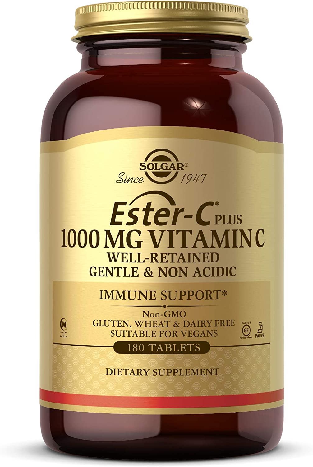 Solgar Ester-C Plus 1000 mg Vitamin C (Ascorbate Complex), 90 Tablets - Gentle On The Stomach & Non Acidic - Antioxidant & Immune System Support - Non GMO, Vegan, Gluten Free, Kosher - 90 Servings