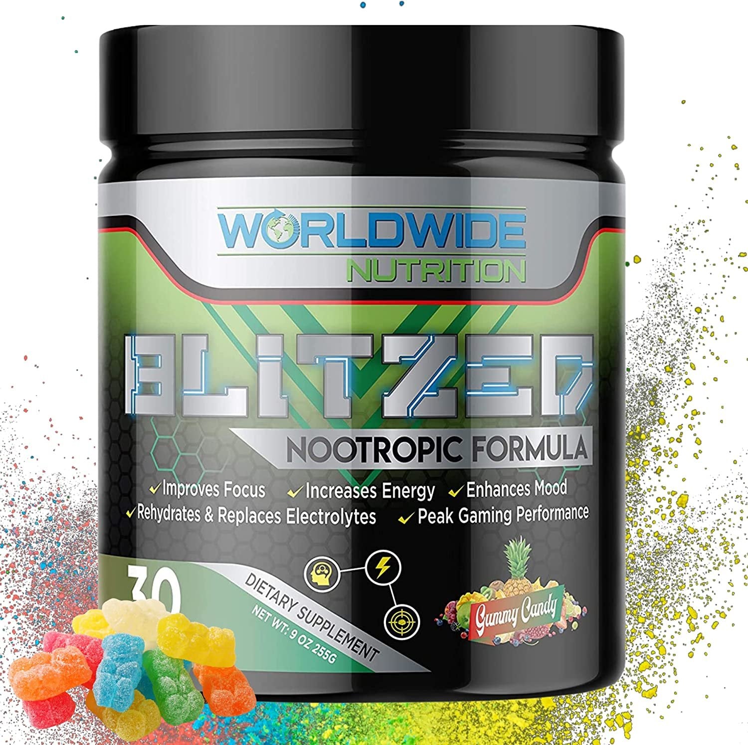 Worldwide Nutrition Blitzed Nootropic Formula - All Natural Energy Drink Mix Powder - Brain Supplements for Memory and Focus - Enhanced Focus and Energy Supplement- Gummy Candy Flavor - 30 Servings