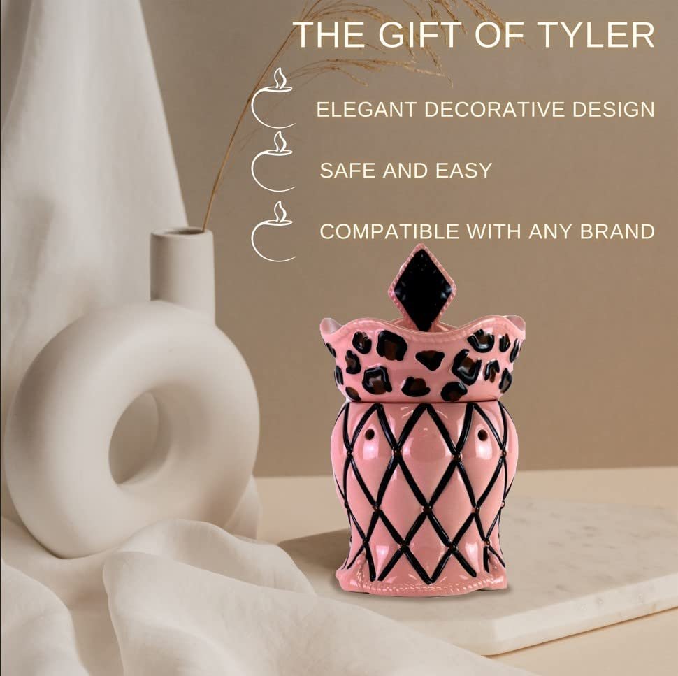 Tyler Candle Company Diva Candle Wax Melt Warmer - Home Decor Candle Accessories with Included 6 Wax Melts - Chained Leopard Pink Fragrance Wax Warmer - 5.5 x 5" in with Bonus Key Chain