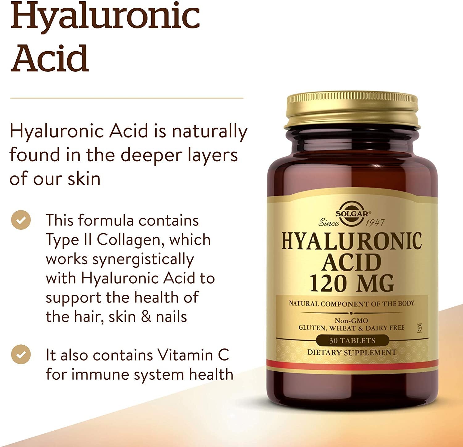 Solgar Hyaluronic Acid 120 mg, 30 Tablets - Pack of 2 - Supports Hair, Skin & Nails - Contains Hydrolyzed Collagen Type 2 & Chondroitin - Non-GMO, Gluten Free, Dairy Free - 60 Total Servings