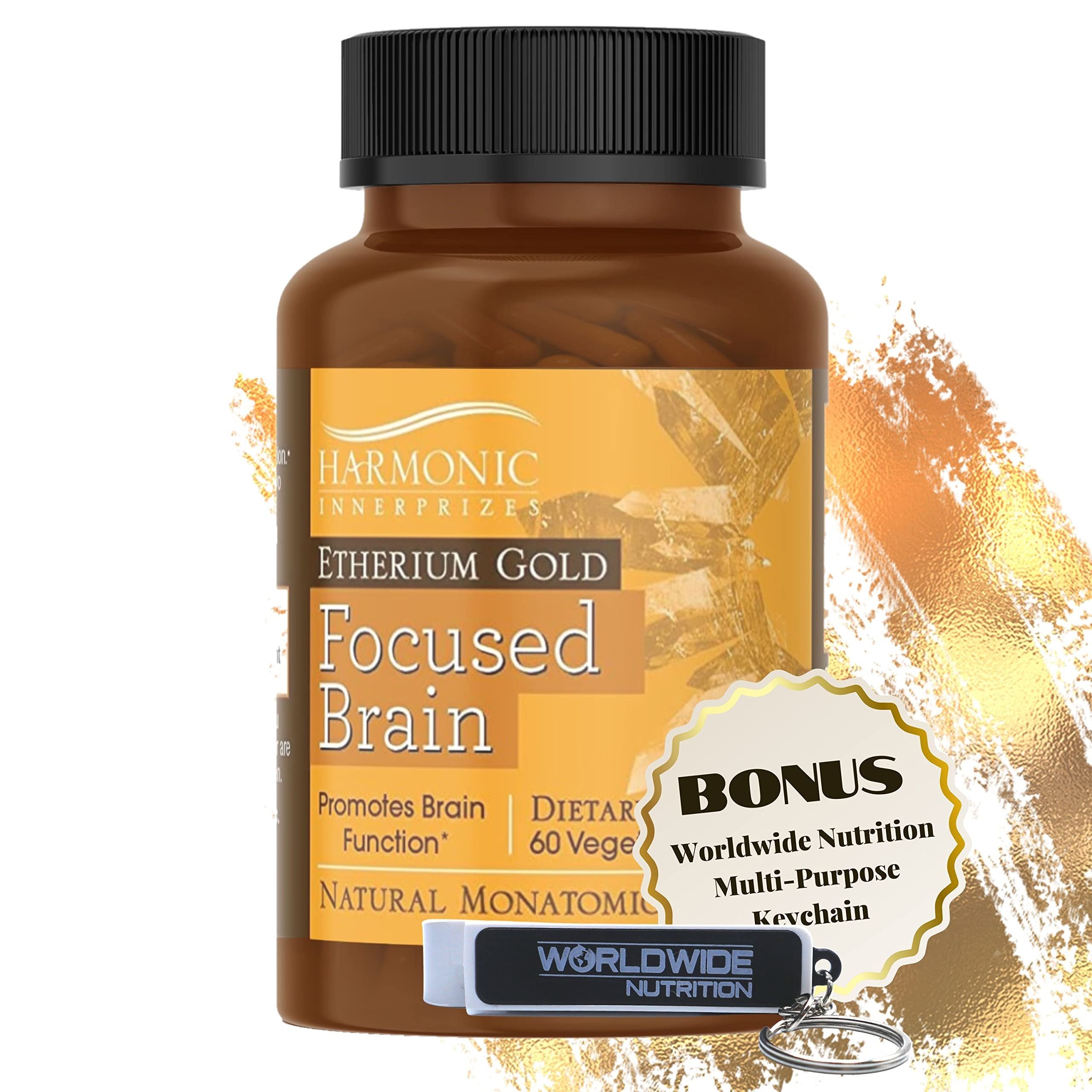 Harmonic Innerprizes Etherium Gold Focused Brain Dietary Supplement - 60 Count Veggie Capsules - Focus, Mood, Brain & Memory Support Supplement with Natural Monatomic Gold Capsules w Bonus Key Chain