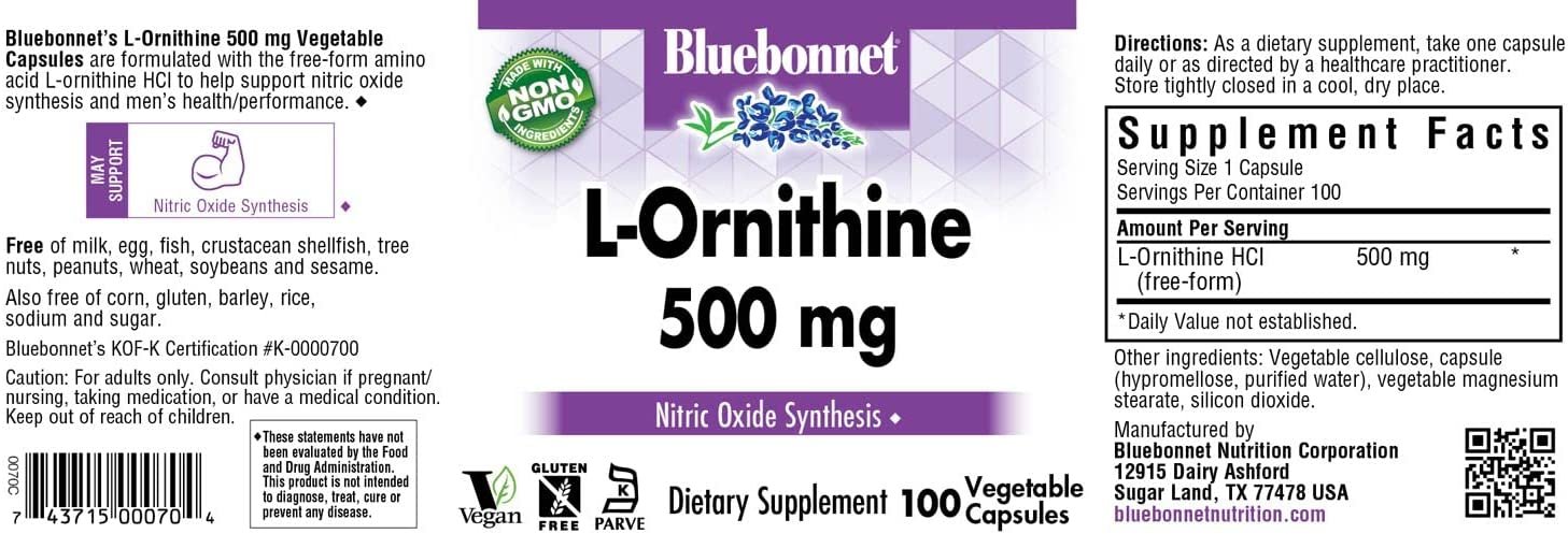 Bluebonnet Nutrition L-Ornithine 500mg, Free-Form Amino Acid, for Healthy Protein Metabolism*, Soy-Free, Gluten-Free, Non-GMO, Kosher Certified, Vegan, 100 Vegetable Capsules, 100 Servings