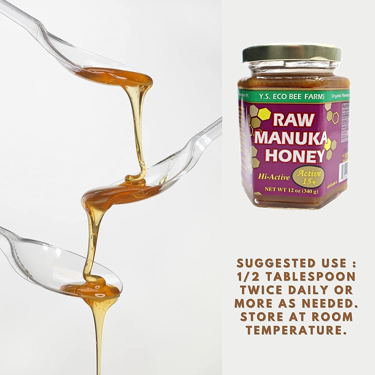 Y.S. Eco Bee Farms, 100% Certified Raw Manuka Honey, Hi-Active, Active 15plus, Unpasteurized, Unfiltered, Rare, Exotic, Raw, Kosher, Gluten Free, "The Wonder Honey Of The Tea Tree", 12 Oz - 6 Jars