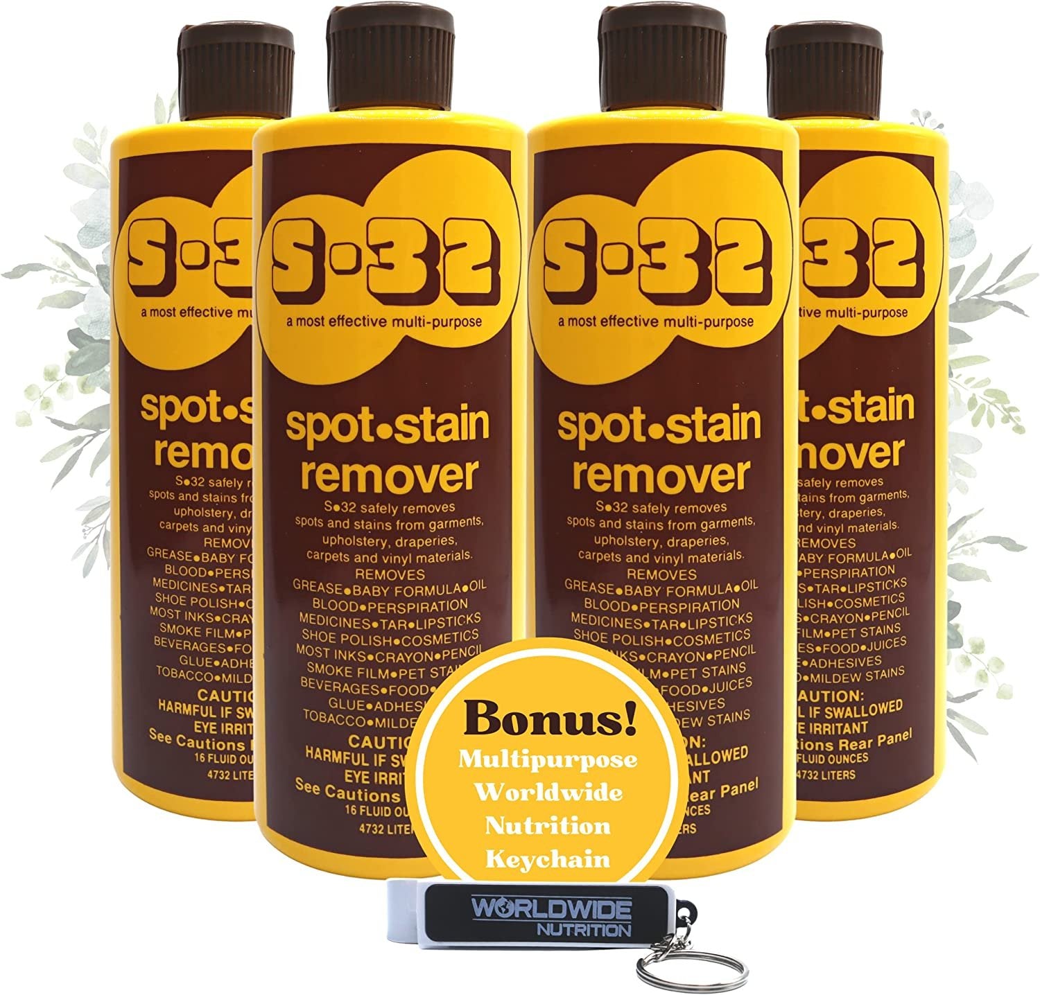 S-32 Liquid Spot and Stain Remover - Multipurpose Cleaner for Laundry, Carpet, Upholstery, and More - Professional Strength Stain Remover - 15 Fl Oz Bottle 4 Pack with Worldwide Nutrition Multi Purpose Key Chain