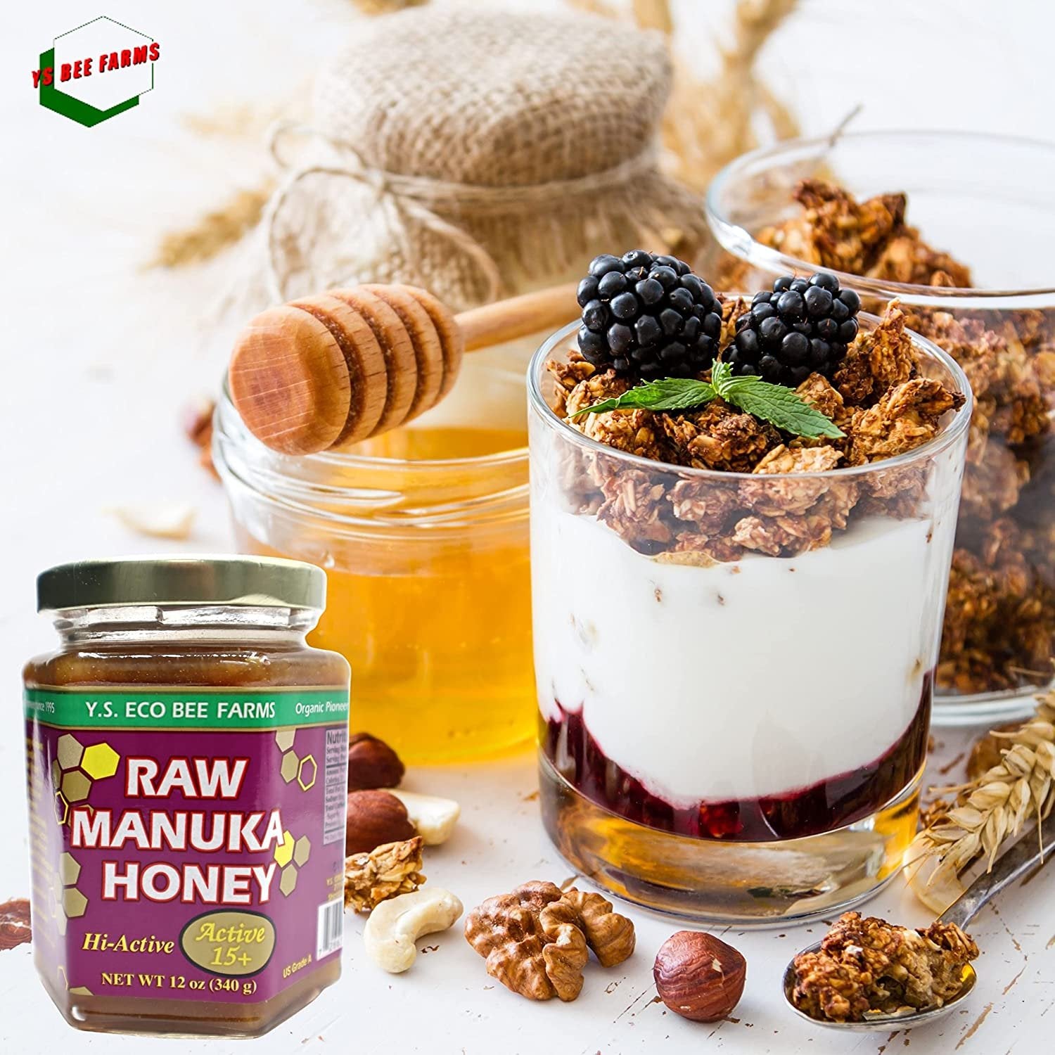 Y.S. Eco Bee Farms, 100% Certified Raw Manuka Honey, Hi-Active, Active 15plus, Unpasteurized, Unfiltered, Rare, Exotic, Raw, Kosher, Gluten Free, "The Wonder Honey Of The Tea Tree", 12 Oz -2 Jars