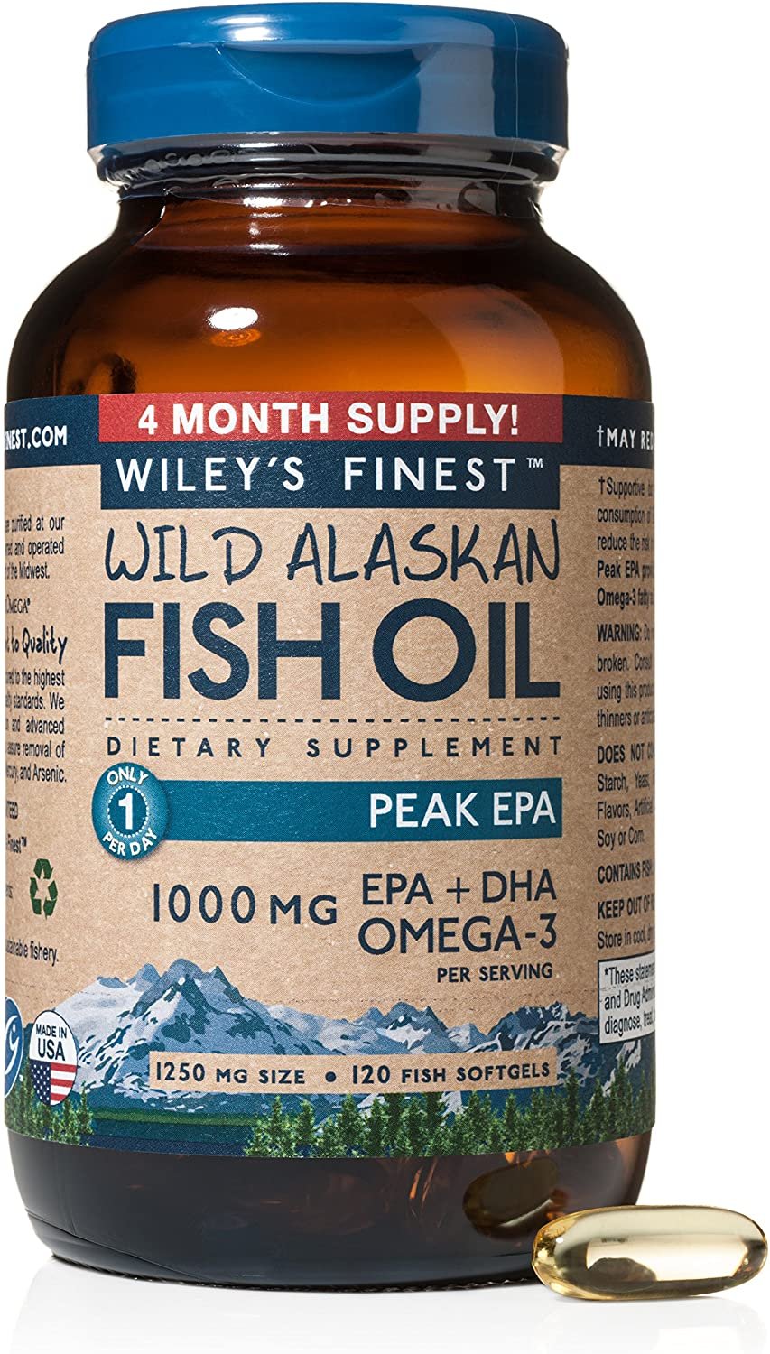 Wiley's Finest Wild Alaskan Fish Oil - 3X Triple Strength Peak EPA DHA, 1000mg Omega-3s, SQF-Certified