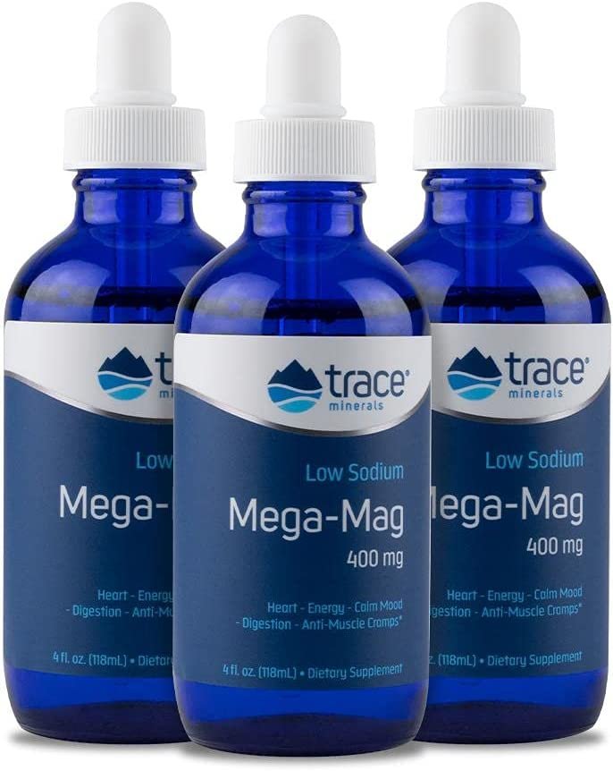 Trace Minerals | Low Sodium Mega-Mag | 400 mg Liquid Magnesium Supports Blood Pressure Hypertension, Heart Health, Digestion, Muscle Cramps, Spasms, Better Sleep | 4 fl oz (3 pack), 90 Servings