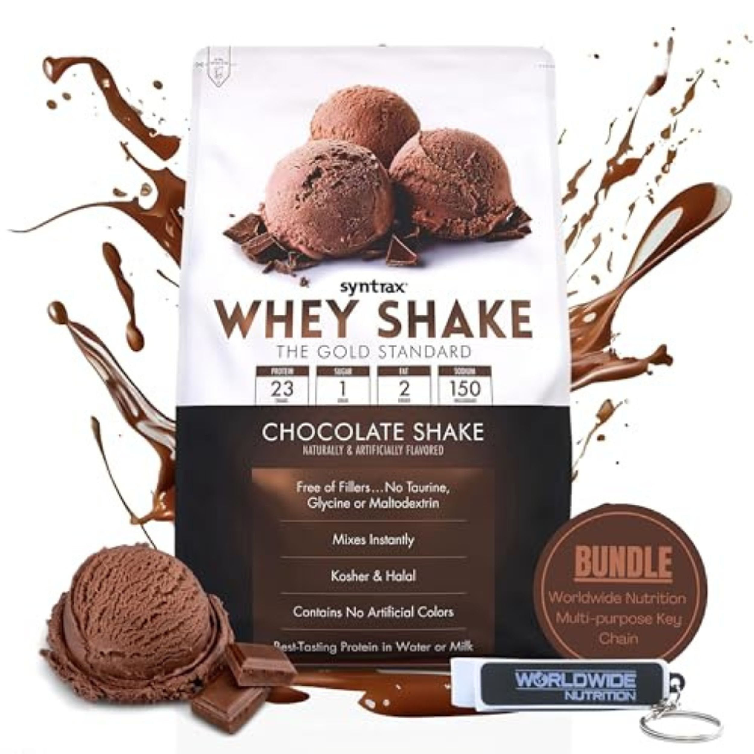 Syntrax Bundle, 2 Items Whey Shake, Native Grass-Fed Wholesome Denatured Whey Protein Concentrate with Glutamine Peptides, Chocolate Shake, 5 Pounds (SW5CS) with Worldwide Nutrition Keychain