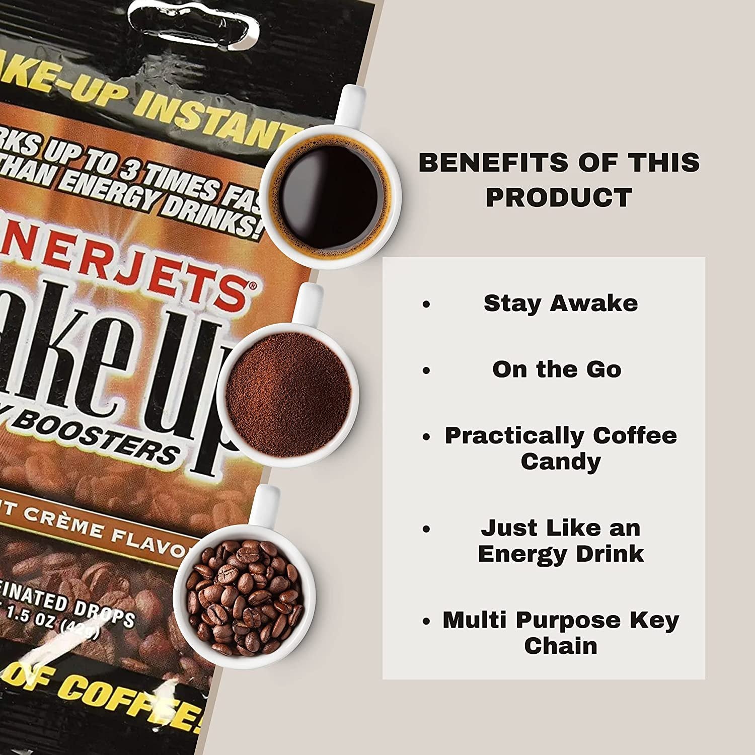 Enerjets Wake Up Energy Booster Caffeinated Drops - Instant Coffee Energy Supplements - Hazelnut Creme Flavor - Pack of 6, 12 Drops Per Package with Worldwide Nutrition Multi Purpose Key Chain