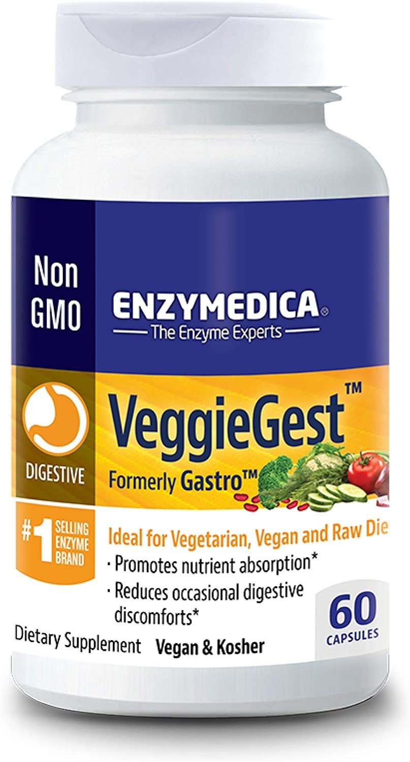 Enzymedica VeggieGest, Digestive Enzymes for Vegan, Vegetarian and Raw Diets, Prevents Gas and Bloating, 90 Capsules