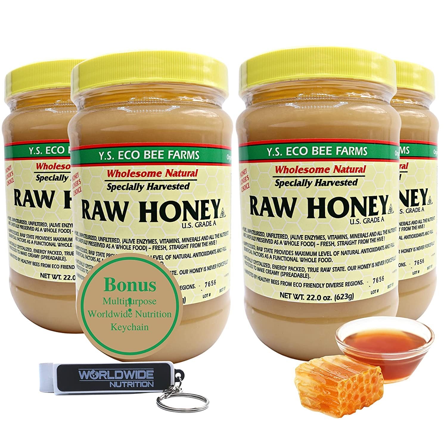 Y.S. Eco Bee Farms, Y.S. Organic Bee Farms, Wholesome Natural Raw Honey, Unpasteurized, Unfiltered, Fresh Raw State, Kosher, Pure, Natural, Healthy, Safe, Gluten Free, Specially Harvested, 22oz - 4pk