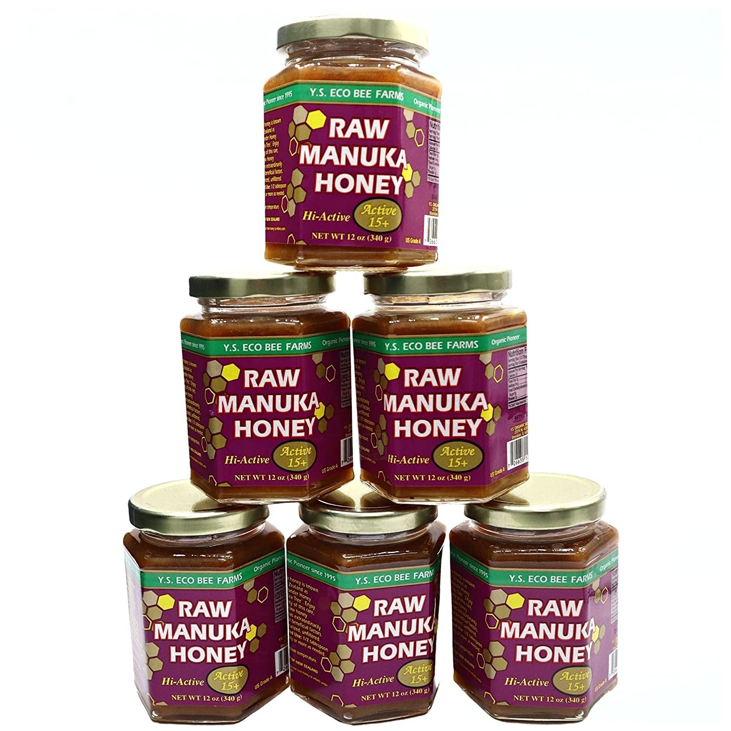 Y.S. Eco Bee Farms, 100% Certified Raw Manuka Honey, Hi-Active, Active 15plus, Unpasteurized, Unfiltered, Rare, Exotic, Raw, Kosher, Gluten Free, "The Wonder Honey Of The Tea Tree", 12 Oz - 6 Jars