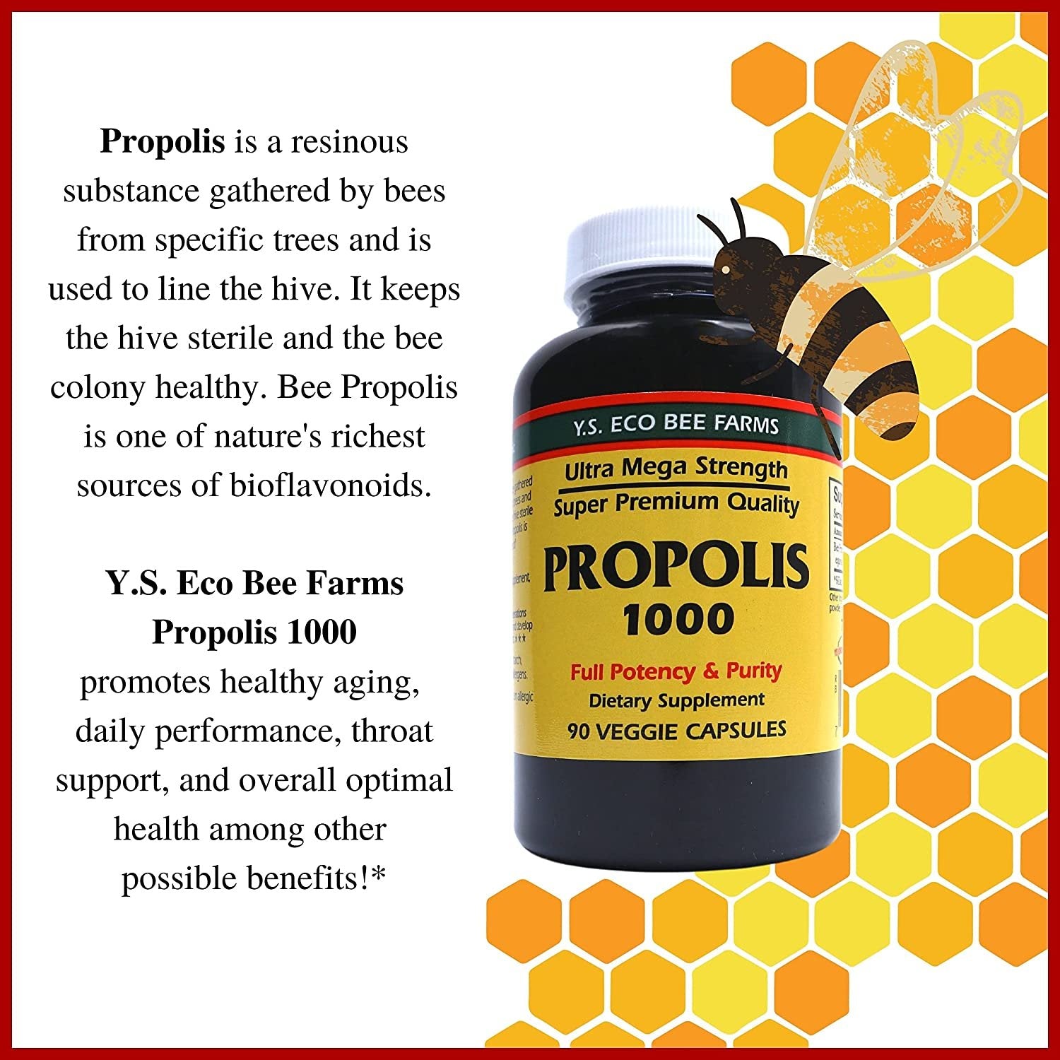 Y.S. Eco Bee Farms Ultra Mega Strength Propolis 1000 Dietary Supplement - 90 Ct Veggie Capsules - Organic Bee Pollen Supplement for Optimal Health and Wellness
