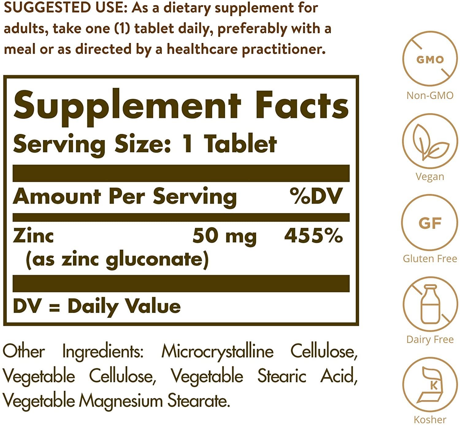 Solgar Zinc 50 mg, 100 Tablets - Zinc for Healthy Skin, Taste & Vision - Immune System & Antioxidant Support - Supports Cell Growth & DNA Formation - Non GMO, Vegan, Gluten Free - 100 Servings