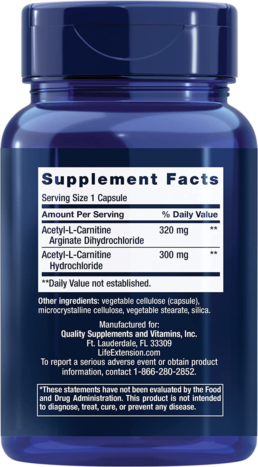 Life Extension Acetyl-L-Carnitine Arginate - Advanced Amino Acid Carnitine Supplement Pills for Memory, Cognition, Cell Energy & Brain Health Support – Gluten-Free, Non-GMO – 90 Capsules