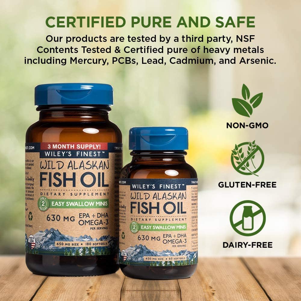 Wild Alaskan Omega-3 Fish Oil - Easy Swallow Minis 2X Double Strength 630mg EPA + DHA Natural Supplement 180 Mini Softgels