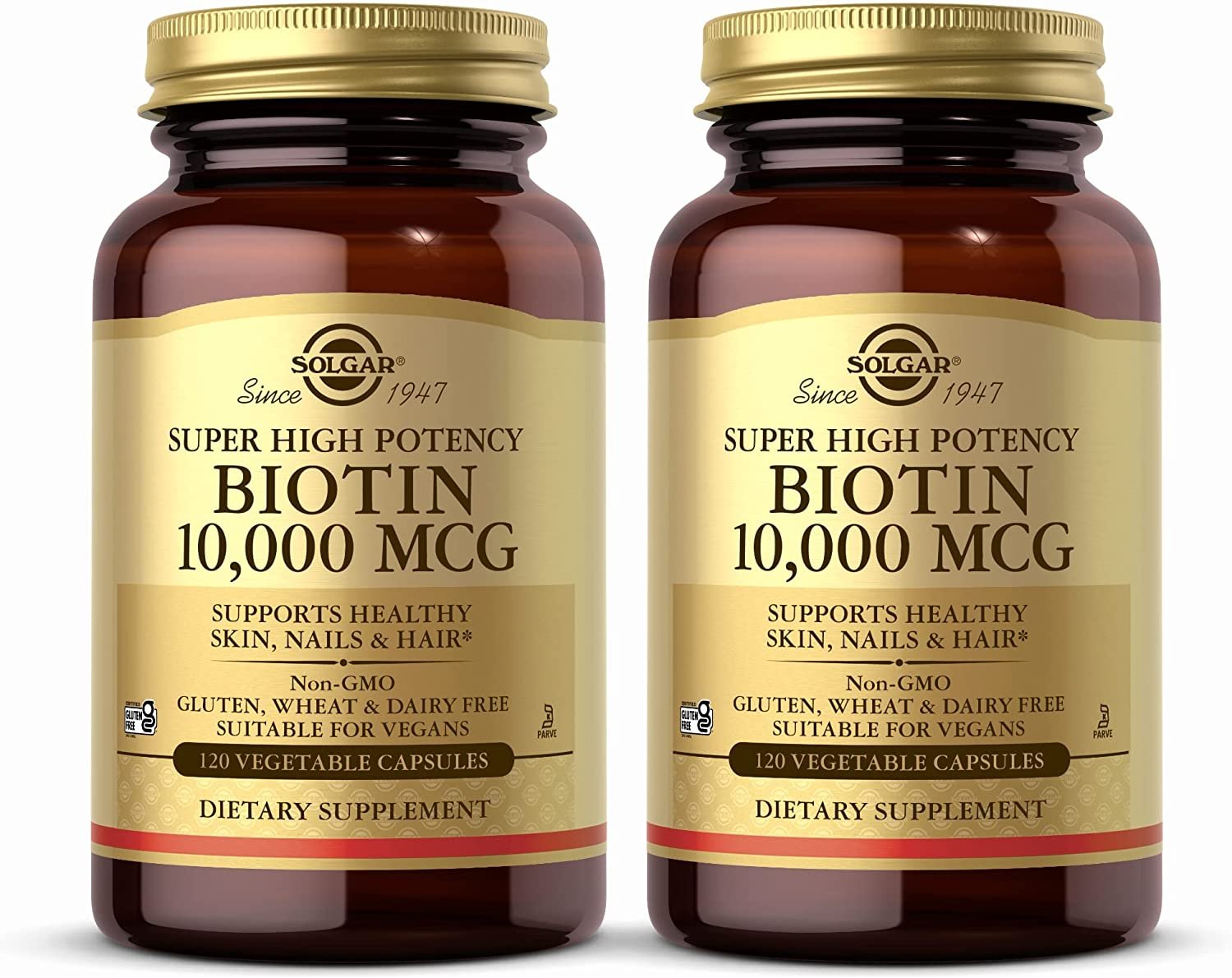 Solgar Biotin 10,000 mcg, 120 Vegetable Capsules - Pack of 2 - Energy, Metabolism, Promotes Healthy Skin, Nails & Hair - Super High Potency - Non-GMO, Vegan, Gluten & Dairy Free - 240 Total Servings