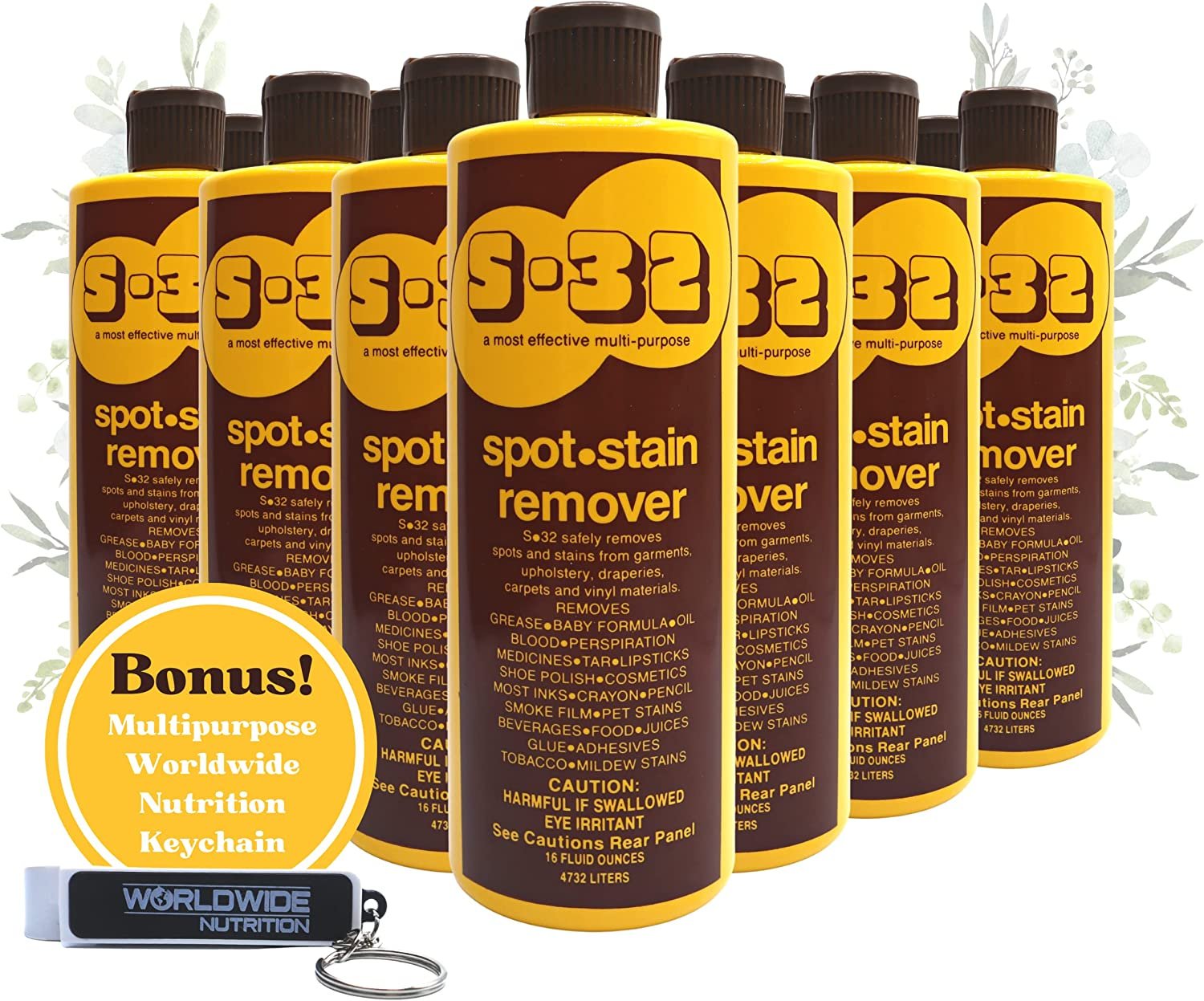 S-32 Liquid Spot and Stain Remover - Multipurpose Cleaner for Laundry, Carpet, Upholstery, and More - Professional Strength Stain Remover - 15 Fl Oz Bottle 12 Pack with Worldwide Nutrition Multi Purpose Key Chain