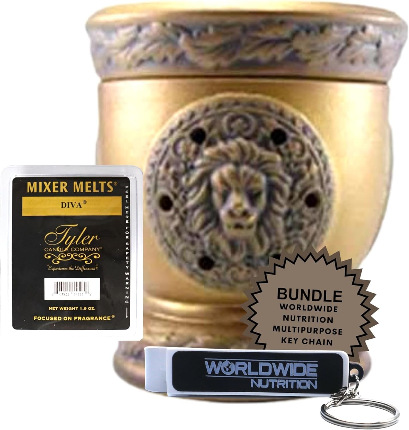 Worldwide Nutrition Bundle, 2 Items: Tyler Candle Company Lionesque Matte Bronze Fragrance Wax Warmer - Candle Wax Melt Warmer Home Decor with 6 Diva Scent Wax Melts and Multi-Purpose Key Chain
