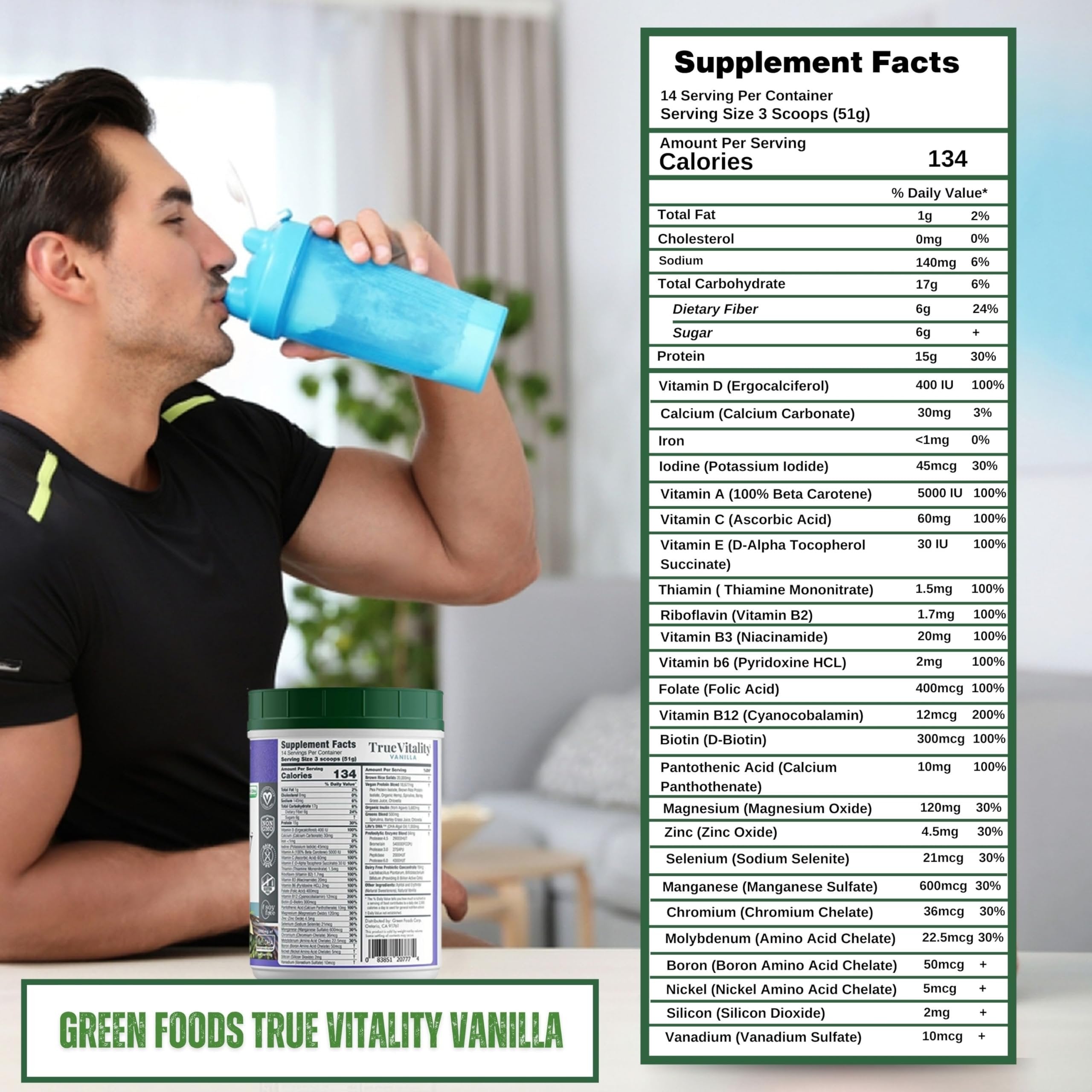 Green Foods True Vitality Plant Protein Shake with DHA, 25.2 oz - Vanilla Powder - Pack of 1 with Keychain