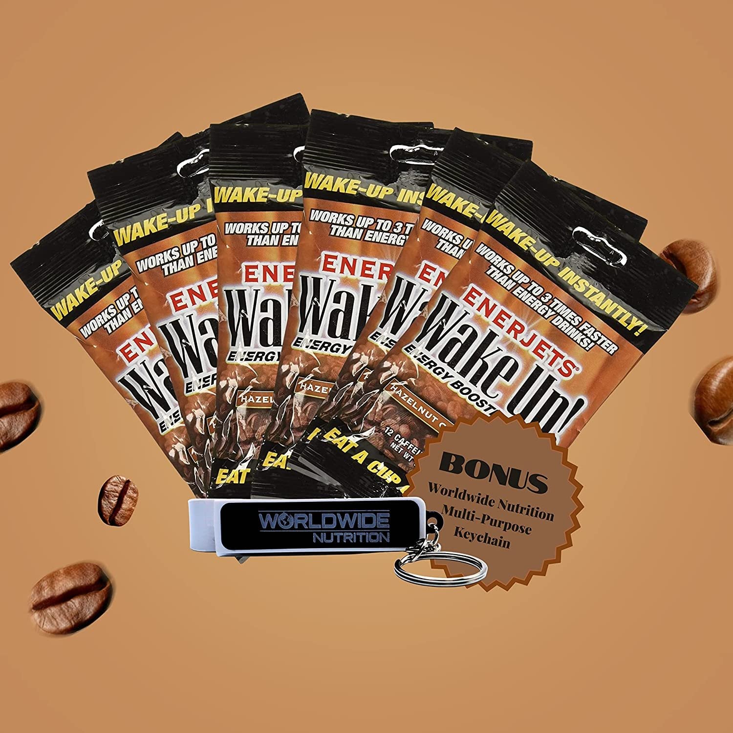 Enerjets Wake Up Energy Booster Caffeinated Drops -Instant Coffee Energy Supplements - Hazelnut Creme Flavor - Pack of 6, 12 Drops Per Package with Keychain