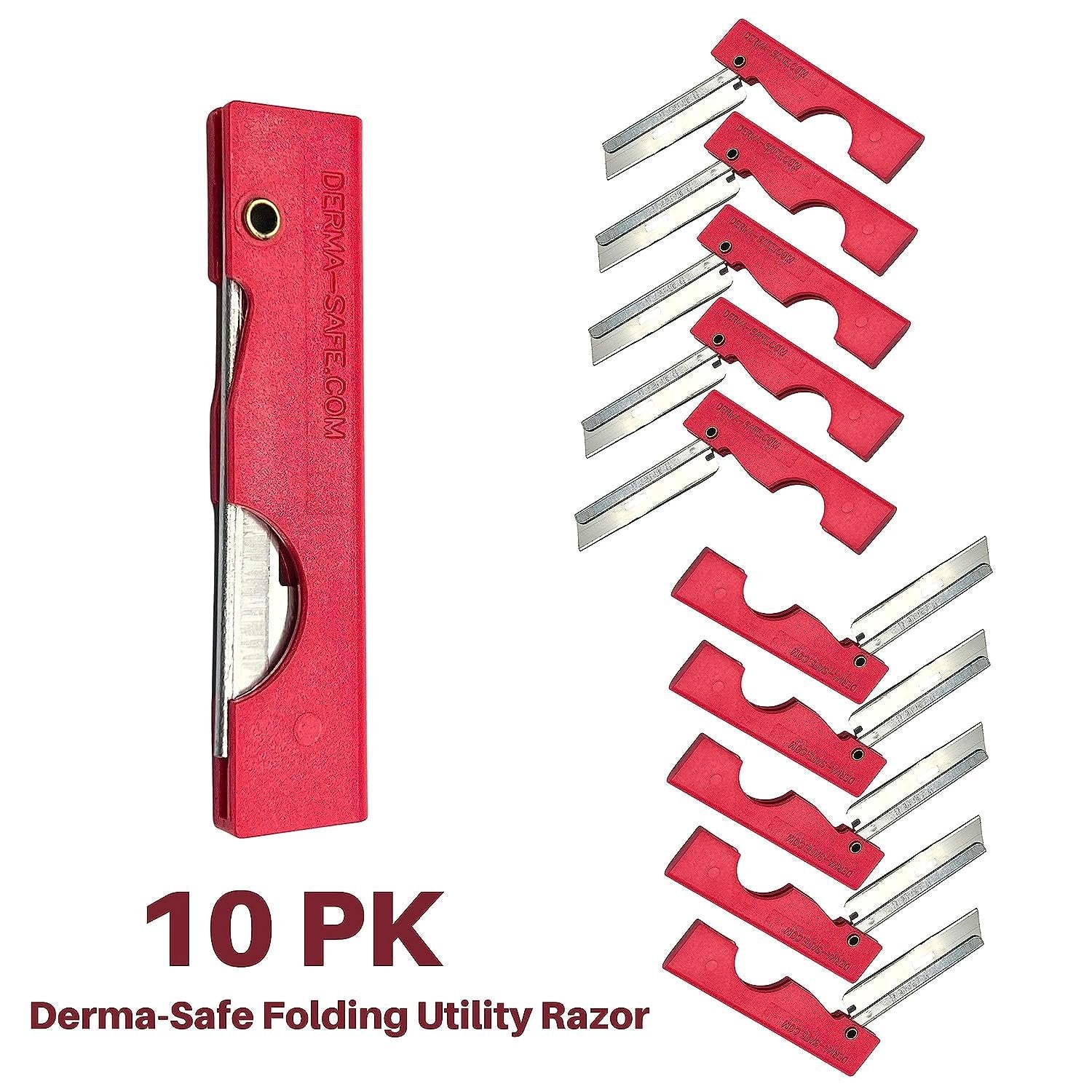 Derma-Safe Folding Utility Razor for Survival Utility and First Aid Kits - Mini Pocket Foldable Razor Blade, Folding Scalpel, (Red) 10-Pack