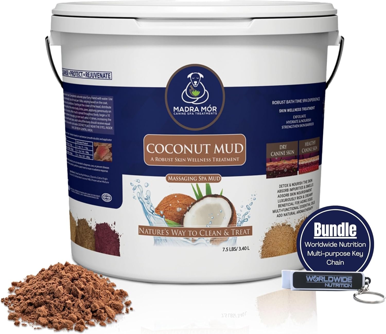 Madra Mor - Coconut Mud Massaging Spa Bath for Dogs - Skin Care, Grooming - 1 Pail of 7.5 lb - with Multi-Purpose Keychain