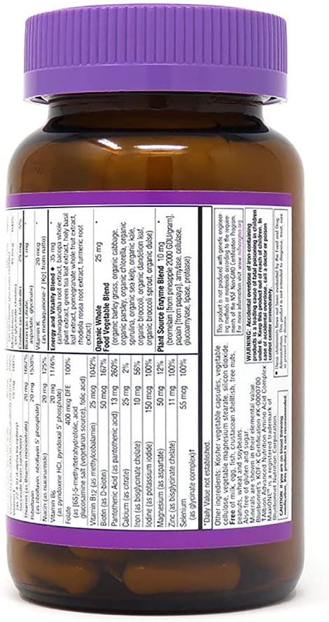 Bluebonnet Nutrition Maxi One (With Iron), Whole Food Multiple, Enzymes, Energy, Vitality, Gluten-Free, Kosher, Dairy-Free, Vegetarian Friendly, Soy-Free, Non-GMO, 90 Vegetable Capsule, 3 Month Supply