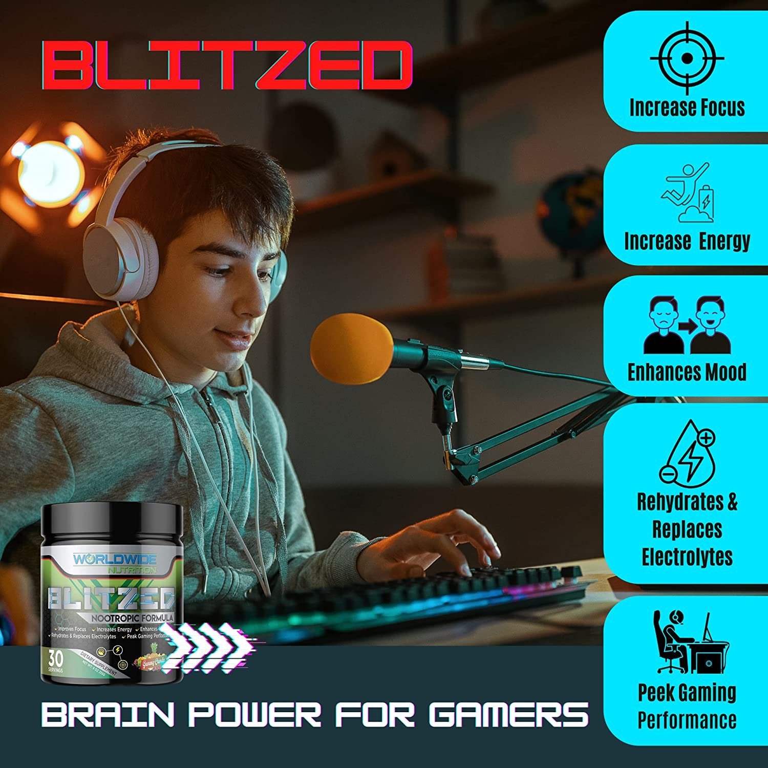 Worldwide Nutrition Blitzed Nootropic Formula - All Natural Energy Drink Mix Powder - Brain Supplements for Memory and Focus - Enhanced Focus and Energy Supplement- Gummy Candy Flavor - 30 Servings