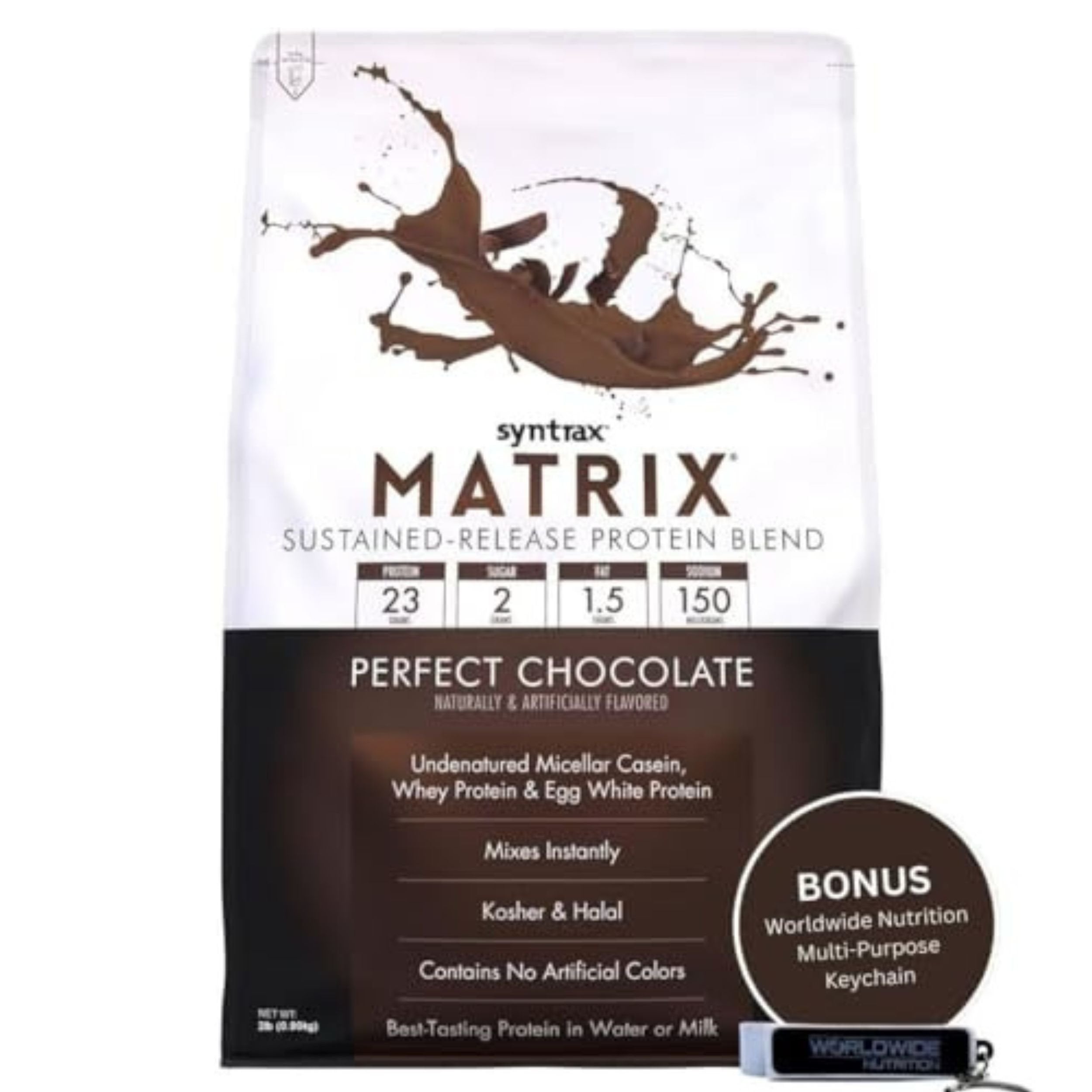 Syntrax Bundle, 2 Items: Matrix Perfect Chocolate Whey Casein Blend Protein Powder - Instant Mix High Protein Powder 2lb Kosher and Halal Whey Protein with Worldwide Nutrition Keychain