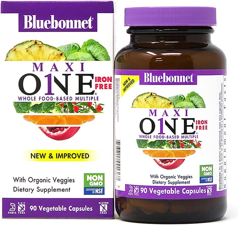 Bluebonnet Nutrition Maxi One (Iron-Free), Whole Food Multiple, Enzymes, Energy, Vitality, Gluten, Soy & Green Free, Kosher, Vegetarian Friendly, Non-GMO, 90 Count