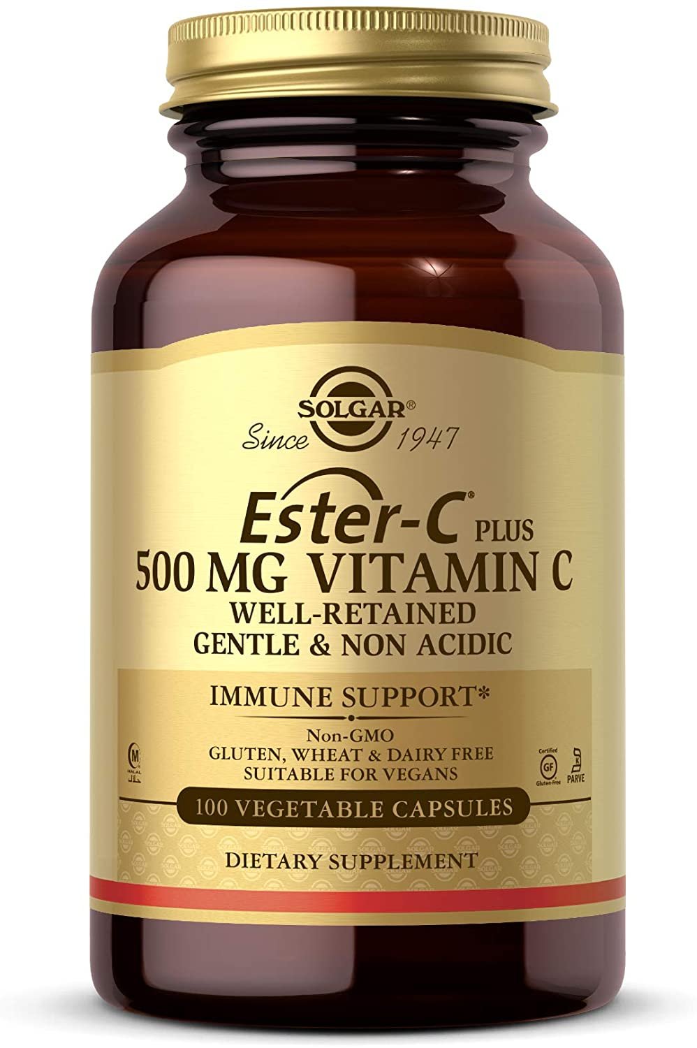 Solgar Ester-C Plus 500 mg Vitamin C (Ascorbate Complex) - Gentle & Non Acidic - Antioxidant & Immune Support - 100 Vegetable Capsules (100 Servings)